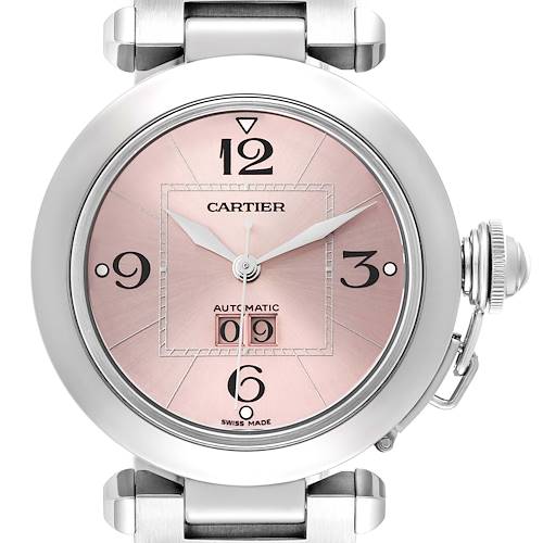 The image shows a close-up front view of a Cartier Pasha model watch, displaying its round face, hands, and date window.