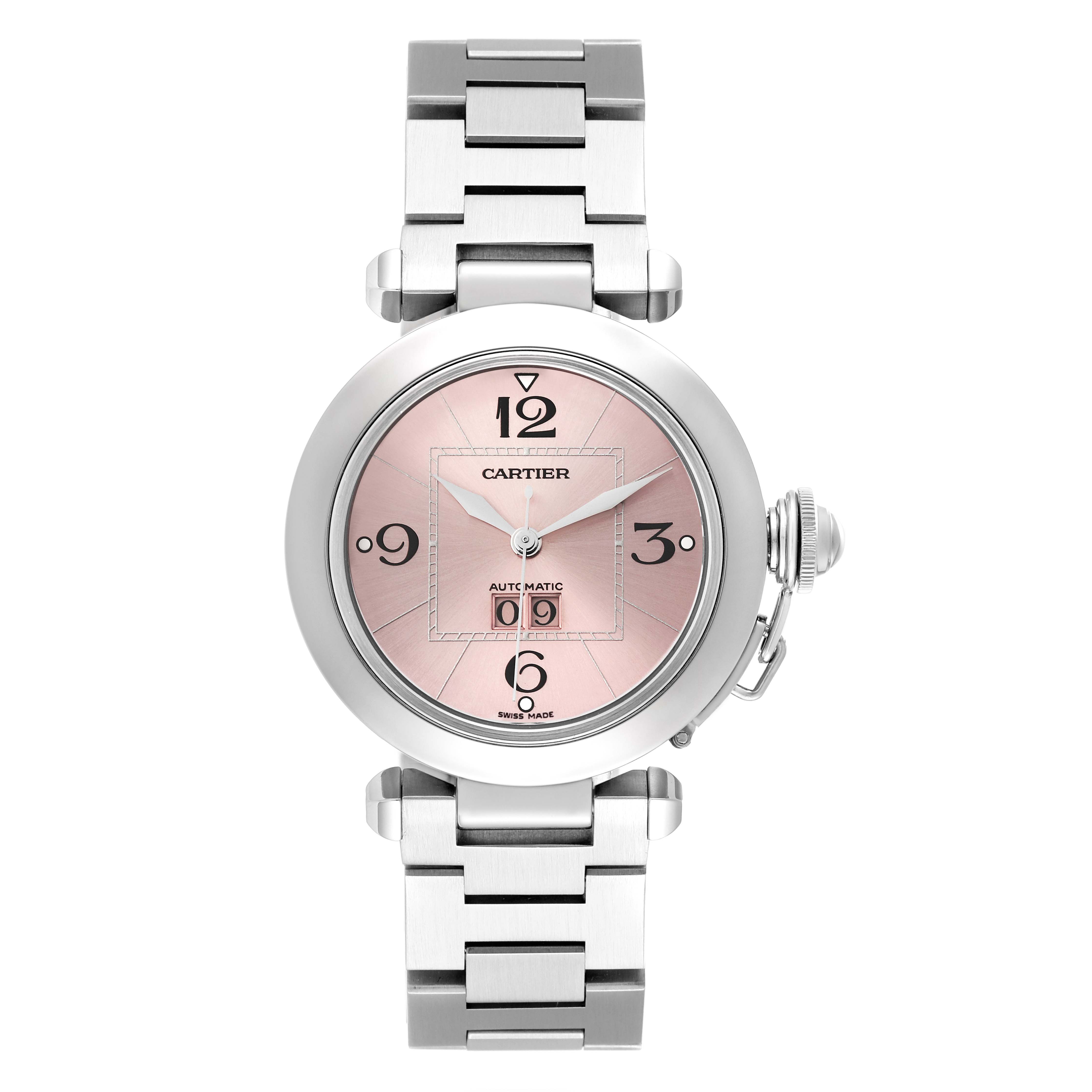 The image shows a front view of the Cartier Pasha W31058M7 Women's Stainless Steel Pink Dial W31058M7 Women's Stainless Steel Pink Dial watch, displaying its face and metal bracelet.