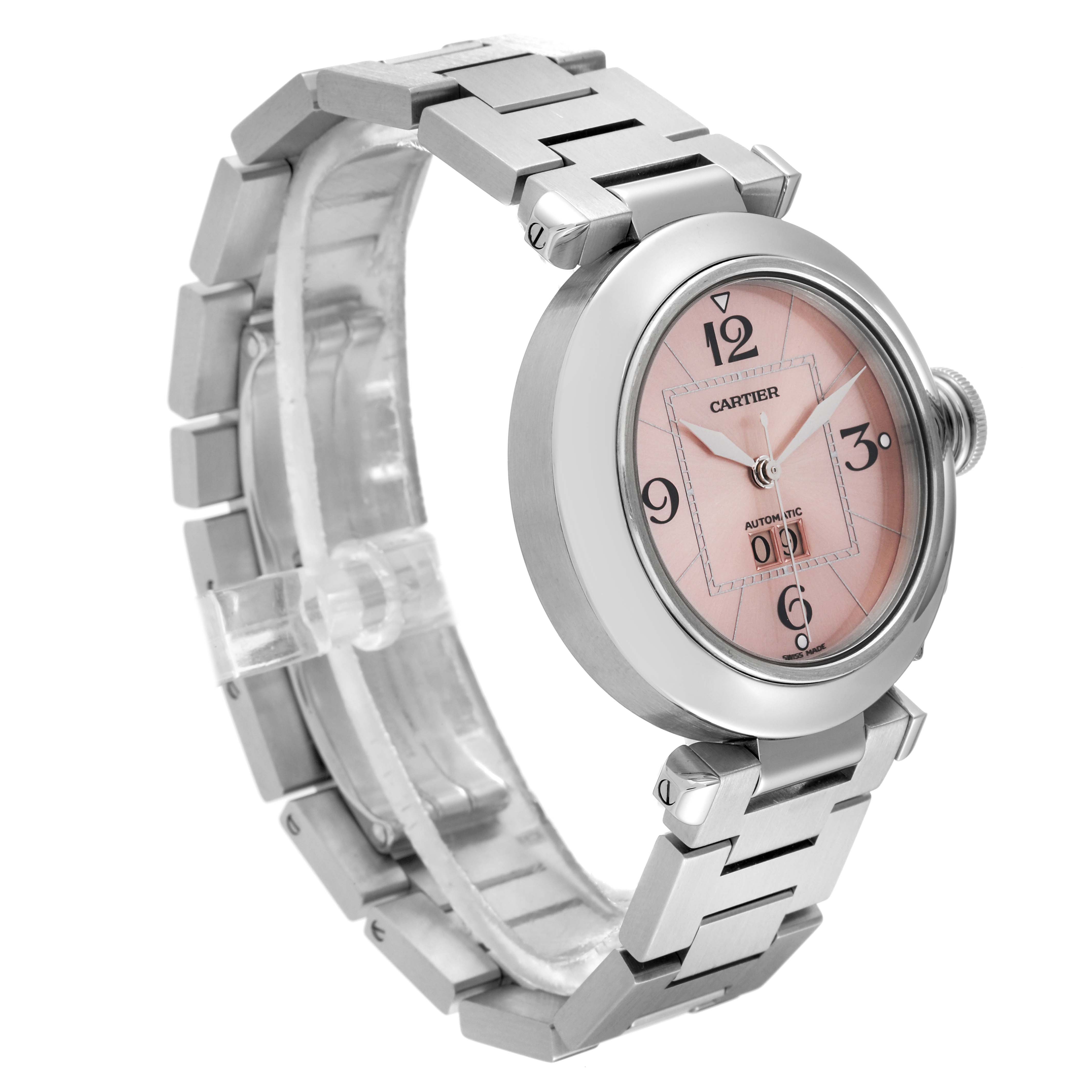 The image shows a side-angle view of the Cartier Pasha W31058M7 Women's Stainless Steel Pink Dial W31058M7 Women's Stainless Steel Pink Dial watch, featuring its pink dial and silver bracelet.