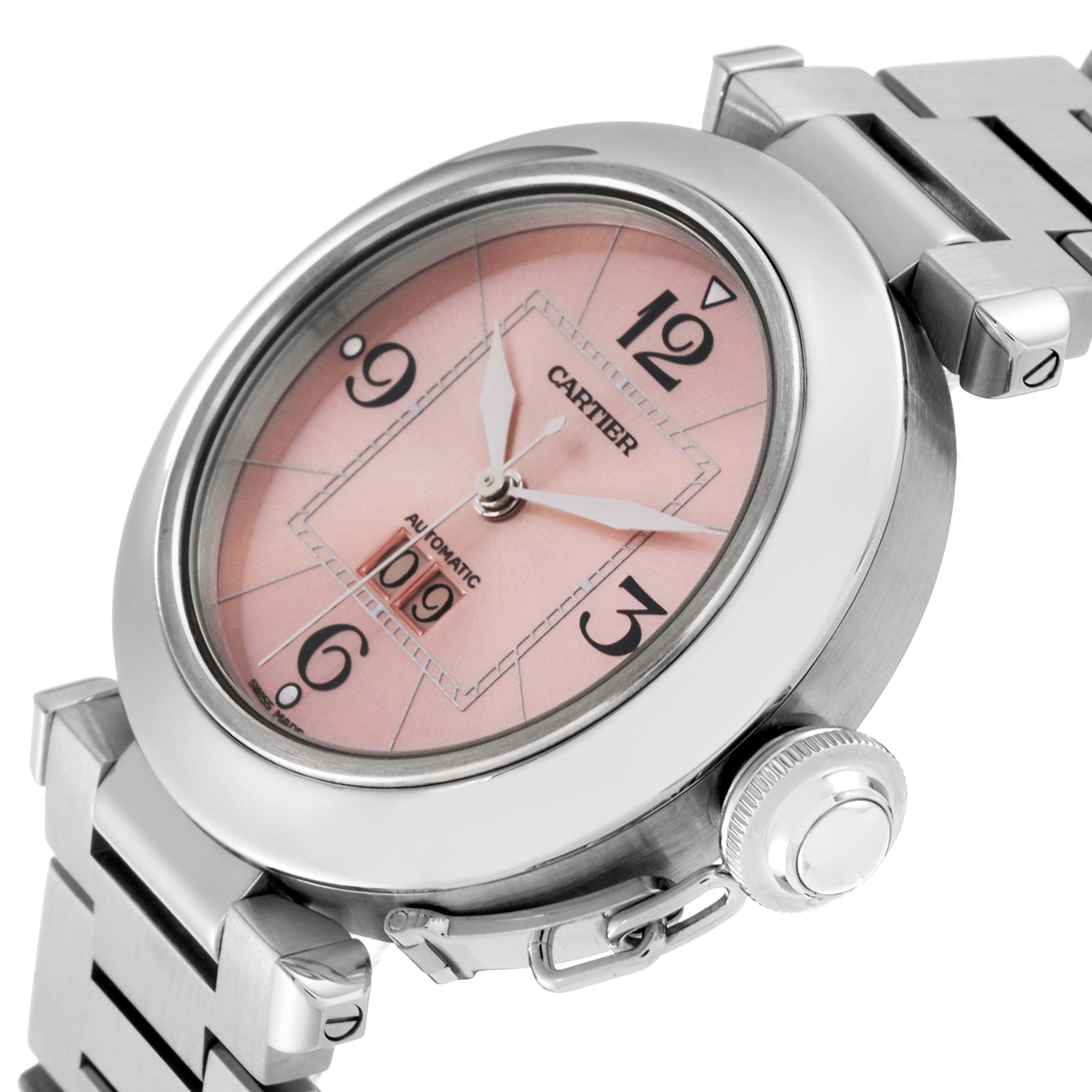 The image shows a side angle view of the Cartier Pasha W31058M7 Women's Stainless Steel Pink Dial W31058M7 Women's Stainless Steel Pink Dial watch, highlighting its pink dial, stainless steel case, and bracelet.