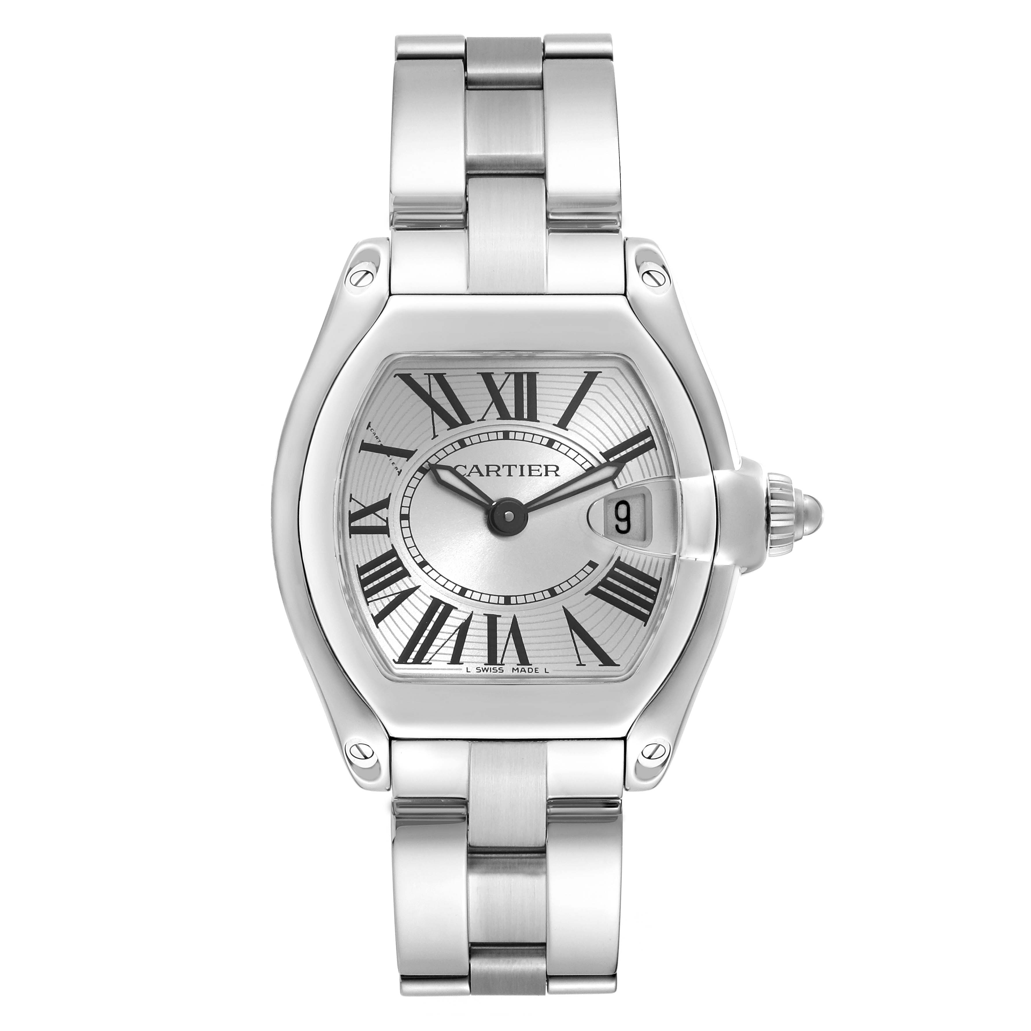 This image shows a front view of a Cartier Roadster W62016V3 Women's Stainless Steel Silver Dial W62016V3 Women's Stainless Steel Silver Dial watch, including its face, bezel, and bracelet.