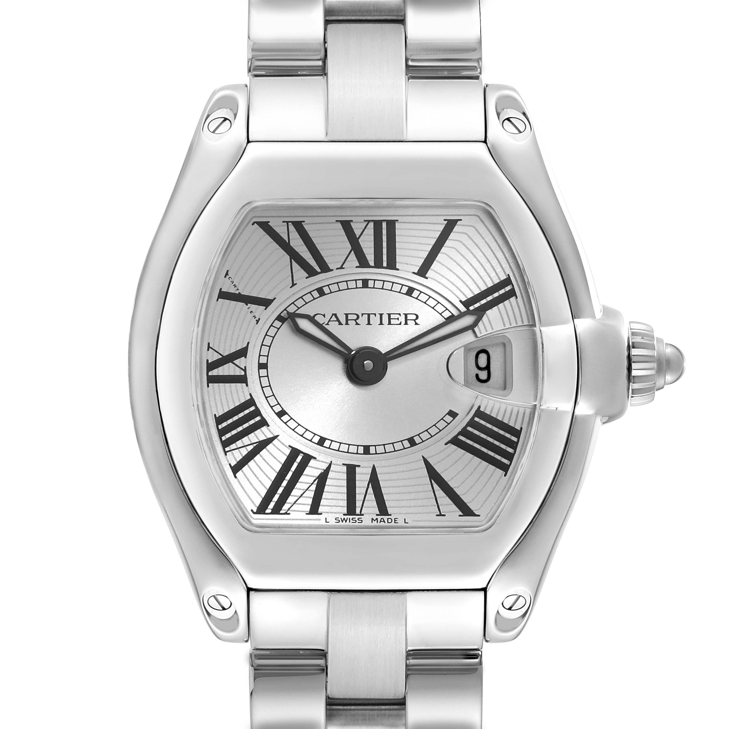 This image shows a Cartier Roadster W62016V3 Women's Stainless Steel Silver Dial W62016V3 Women's Stainless Steel Silver Dial watch from a front angle, highlighting the face, date window, and part of the bracelet.