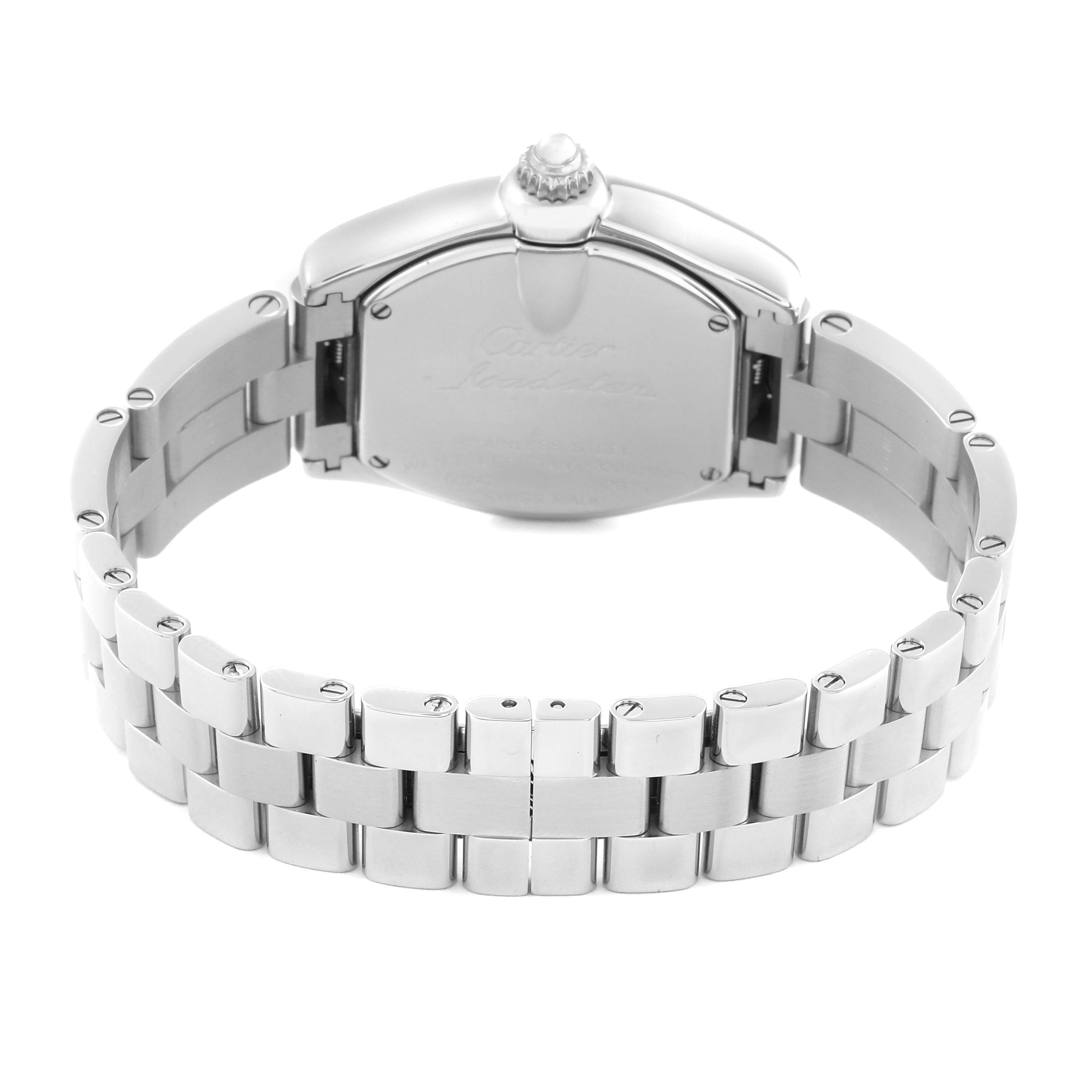 This image shows the back case and bracelet of the Cartier Roadster W62016V3 Women's Stainless Steel Silver Dial W62016V3 Women's Stainless Steel Silver Dial watch from a back angle.