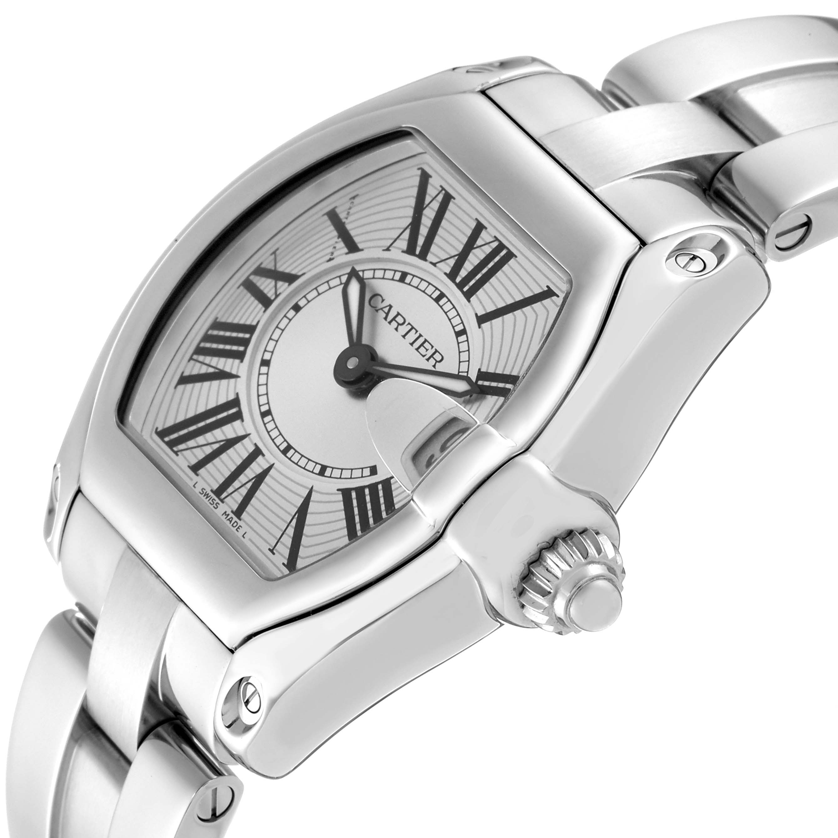 This image shows a Cartier Roadster W62016V3 Women's Stainless Steel Silver Dial W62016V3 Women's Stainless Steel Silver Dial watch at an angled view, highlighting the face, bezel, lugs, and bracelet.