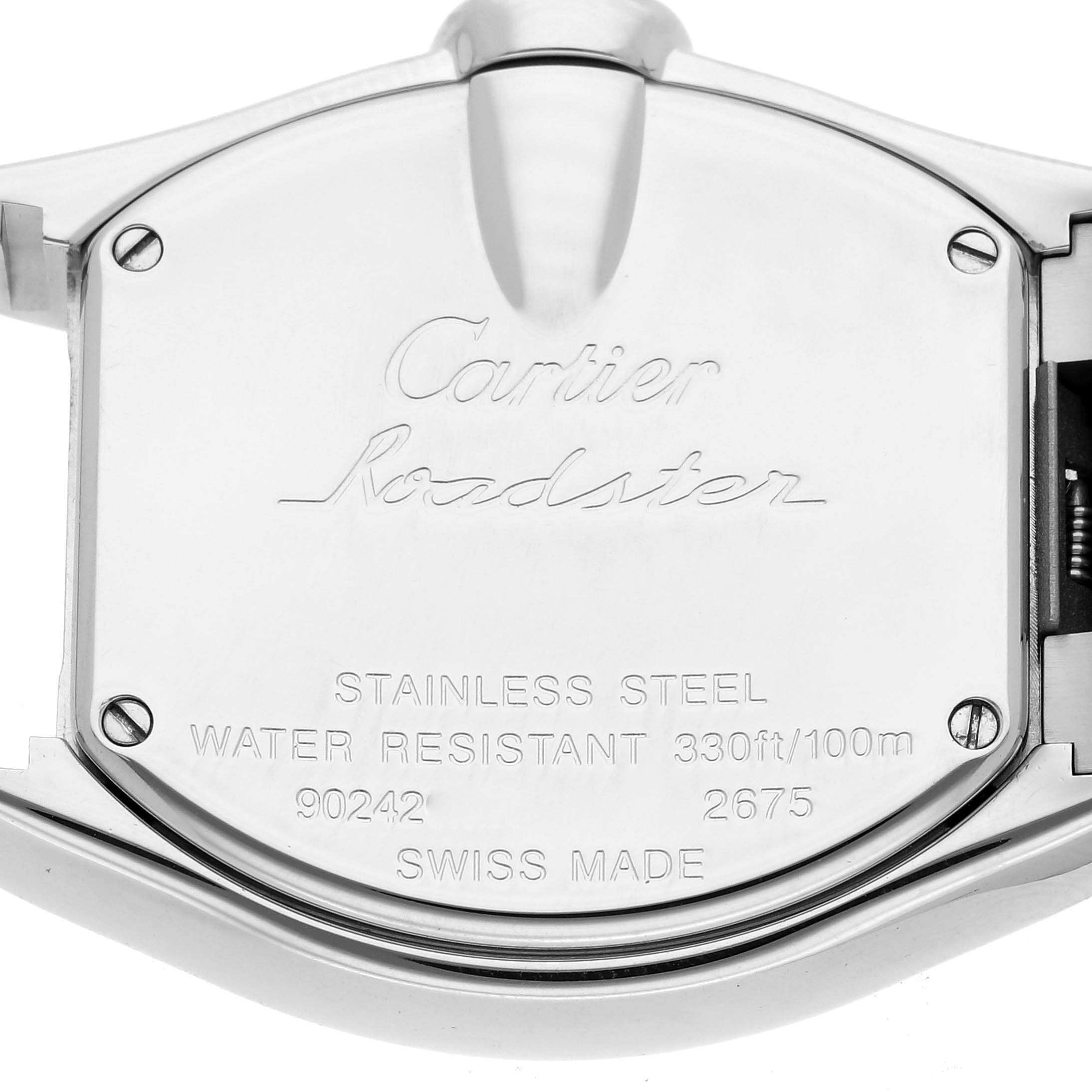 This image shows the case back of a Cartier Roadster W62016V3 Women's Stainless Steel Silver Dial W62016V3 Women's Stainless Steel Silver Dial watch, listing specifications like water resistance and material.