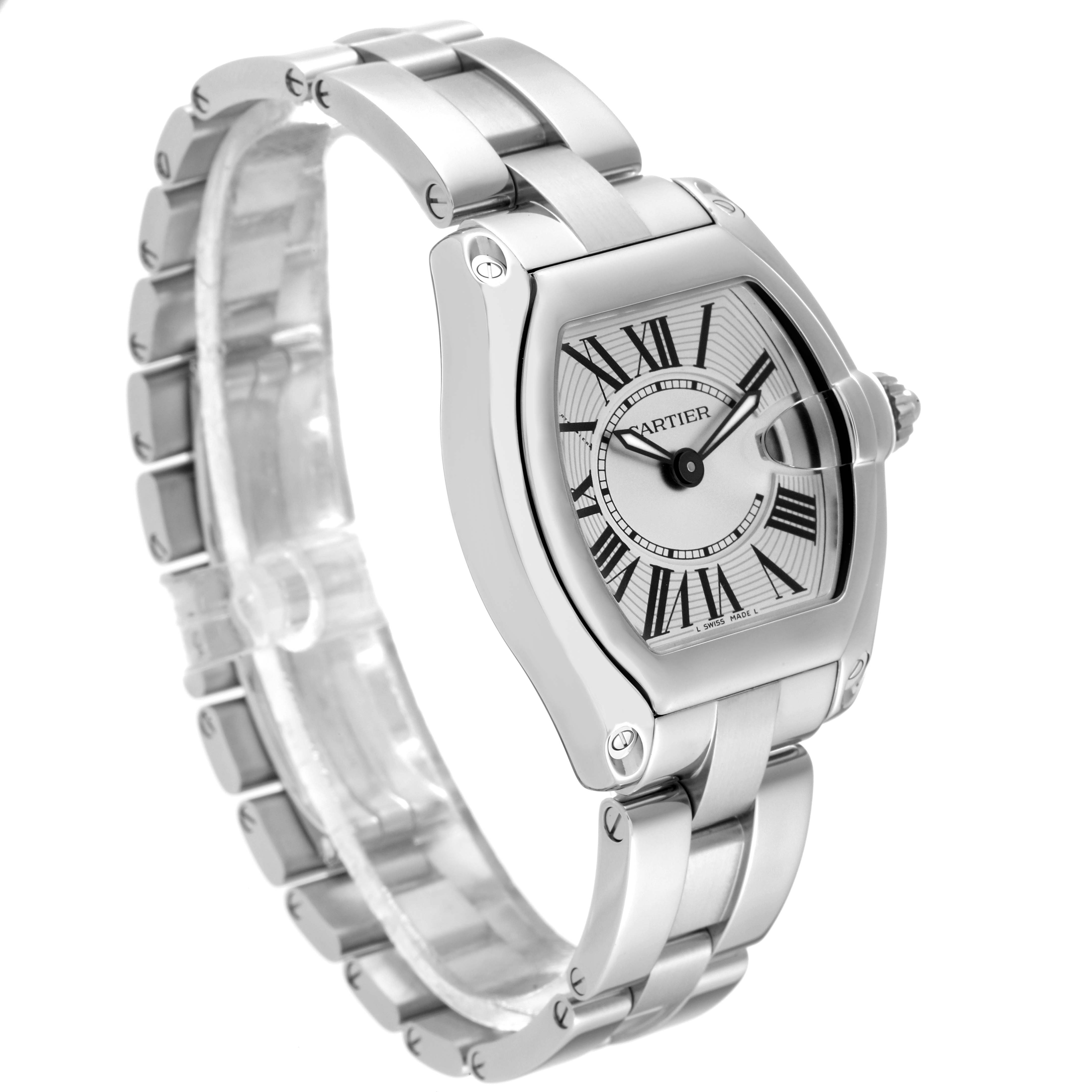 The photo shows a Cartier Roadster W62016V3 Women's Stainless Steel Silver Dial W62016V3 Women's Stainless Steel Silver Dial watch at a three-quarter angle highlighting the face, bezel, crown, and bracelet.