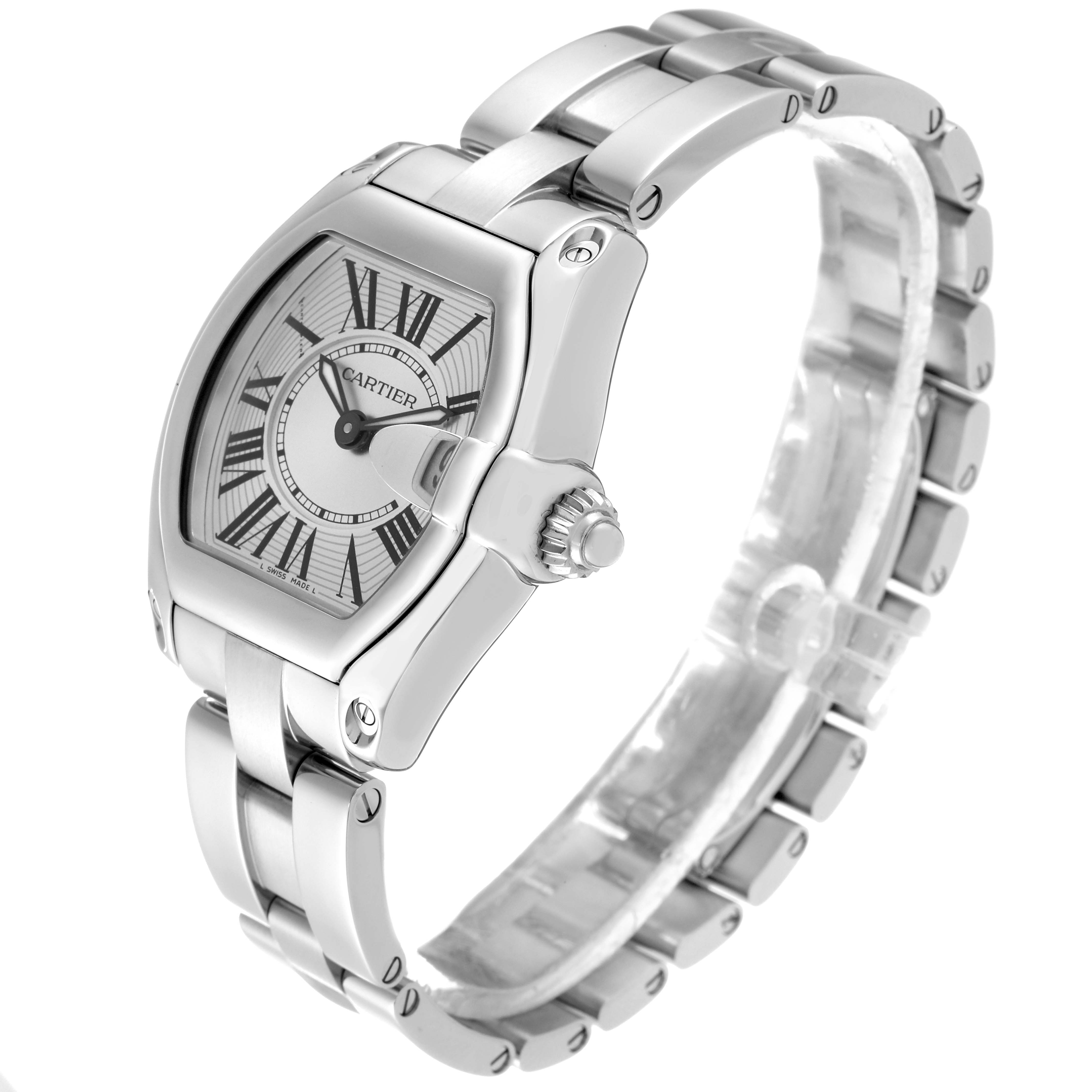The image shows the front and side view of a Cartier Roadster W62016V3 Women's Stainless Steel Silver Dial W62016V3 Women's Stainless Steel Silver Dial watch, showcasing the bracelet and dial.