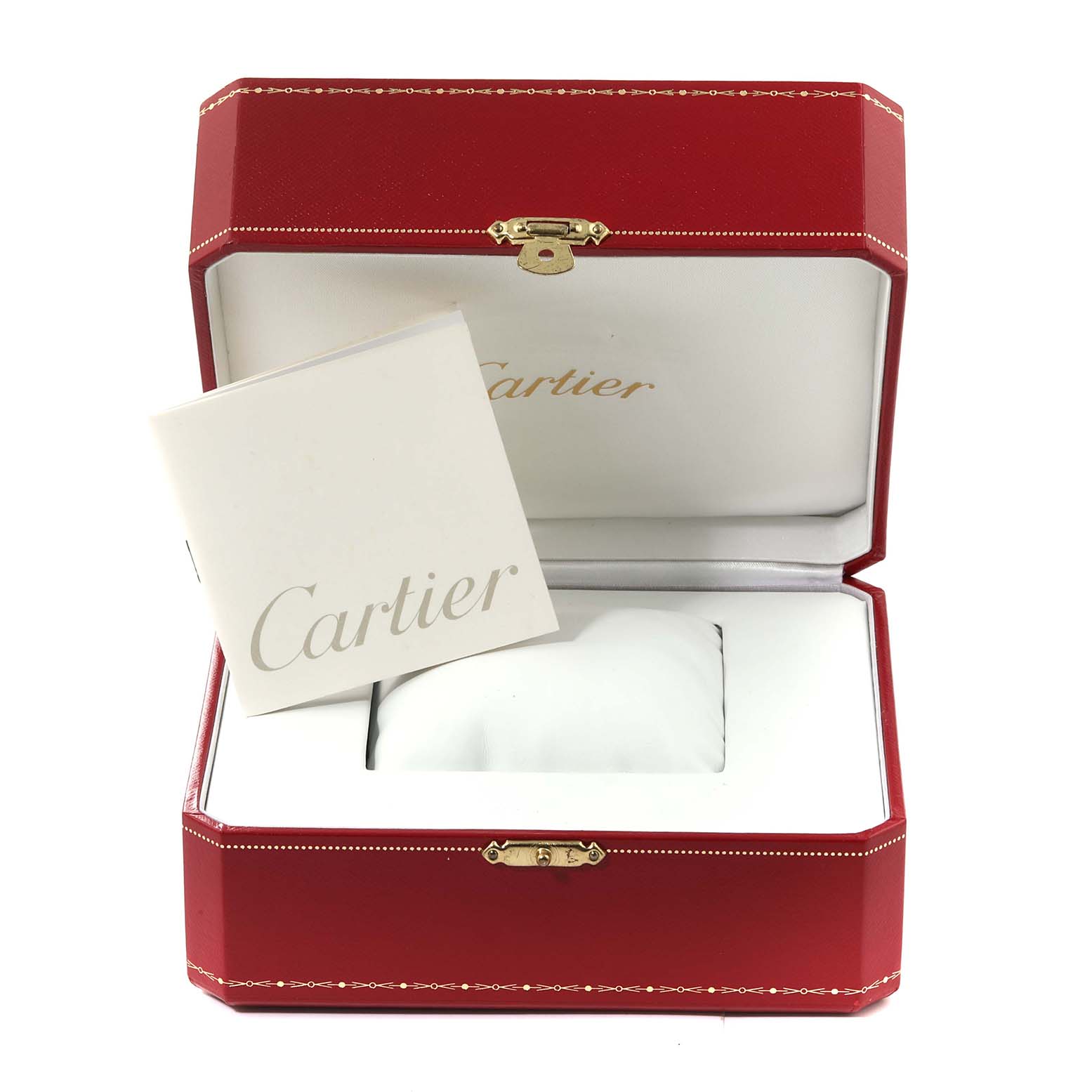 The image shows the open case and packaging of a Cartier Roadster W62016V3 Women's Stainless Steel Silver Dial W62016V3 Women's Stainless Steel Silver Dial watch, featuring a red box and a Cartier booklet.