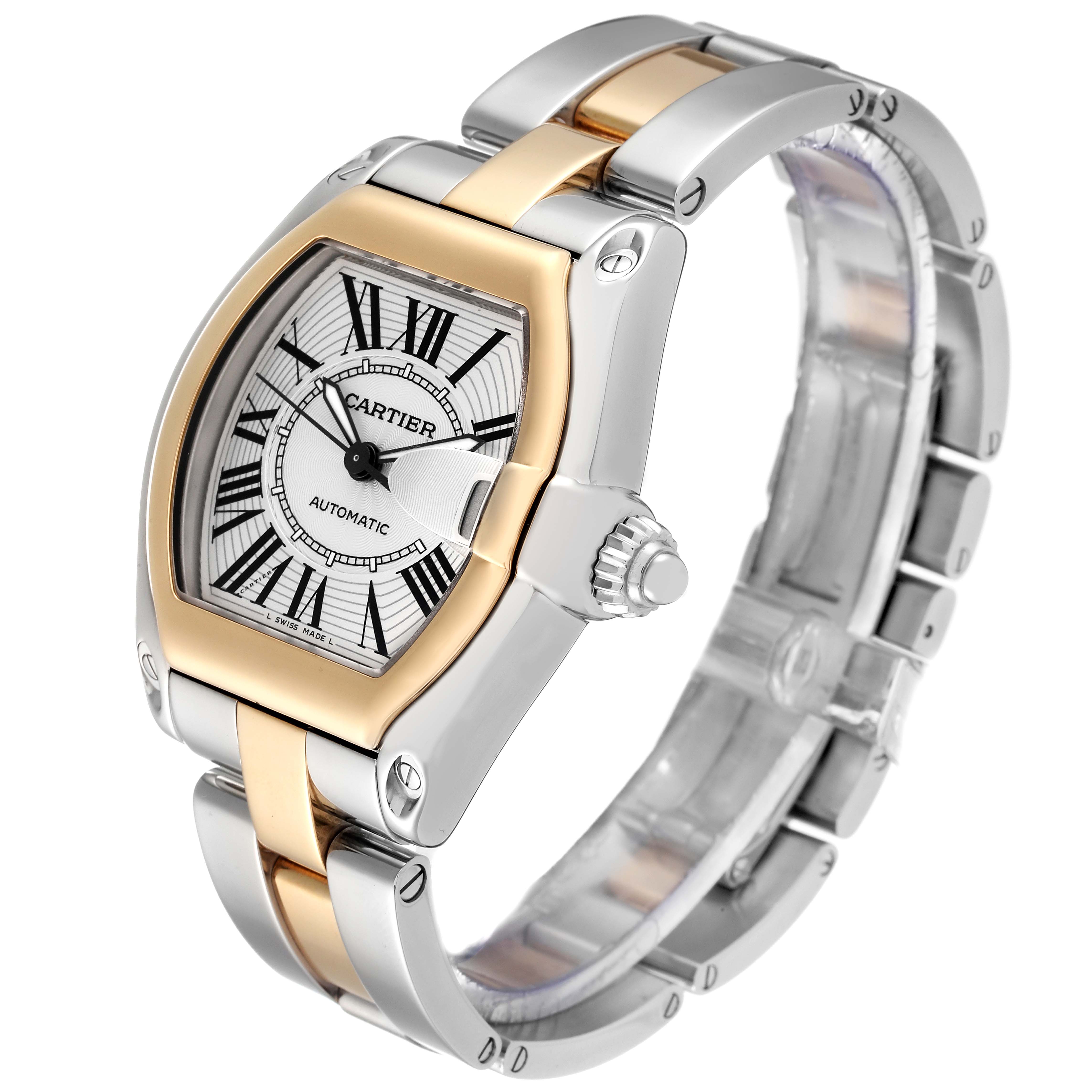 The image shows a Cartier Roadster W62031Y4 Men's Steel and Gold (two tone) Silver Dial W62031Y4 Men's Steel and Gold (two tone) Silver Dial watch at a three-quarter angle, highlighting its face, crown, and two-tone metal bracelet.