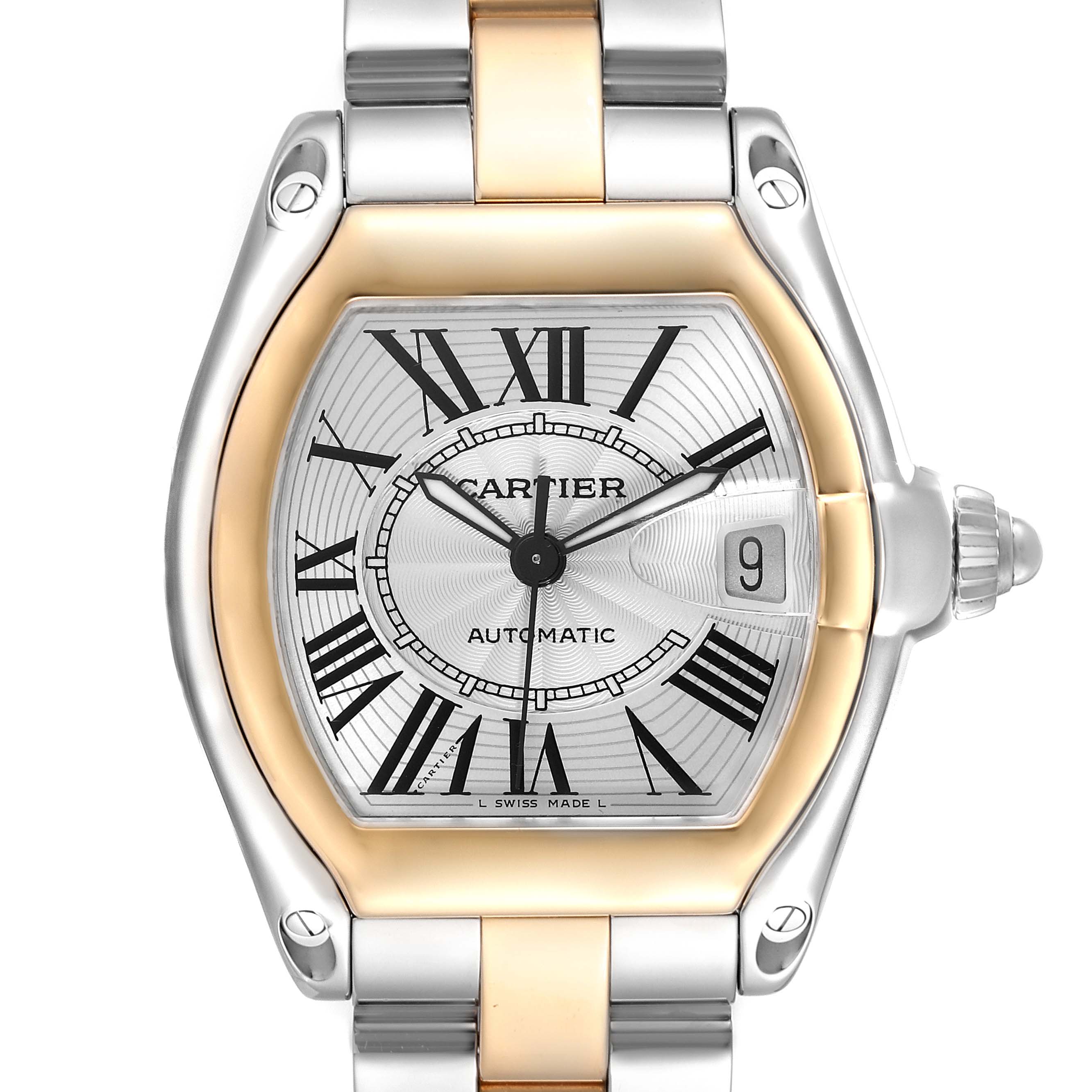 The image shows a close-up front view of a Cartier Roadster W62031Y4 Men's Steel and Gold (two tone) Silver Dial W62031Y4 Men's Steel and Gold (two tone) Silver Dial watch, highlighting its dial and part of the bracelet.