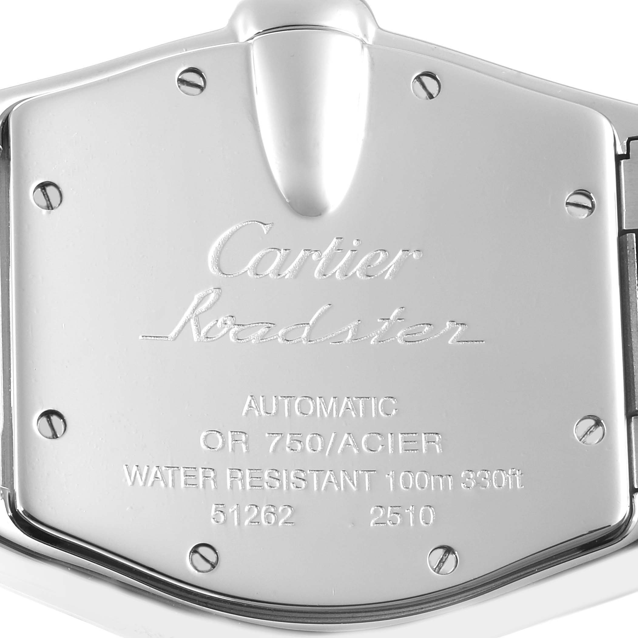 This image shows the back case of a Cartier Roadster W62031Y4 Men's Steel and Gold (two tone) Silver Dial W62031Y4 Men's Steel and Gold (two tone) Silver Dial watch with inscriptions detailing its specifications.