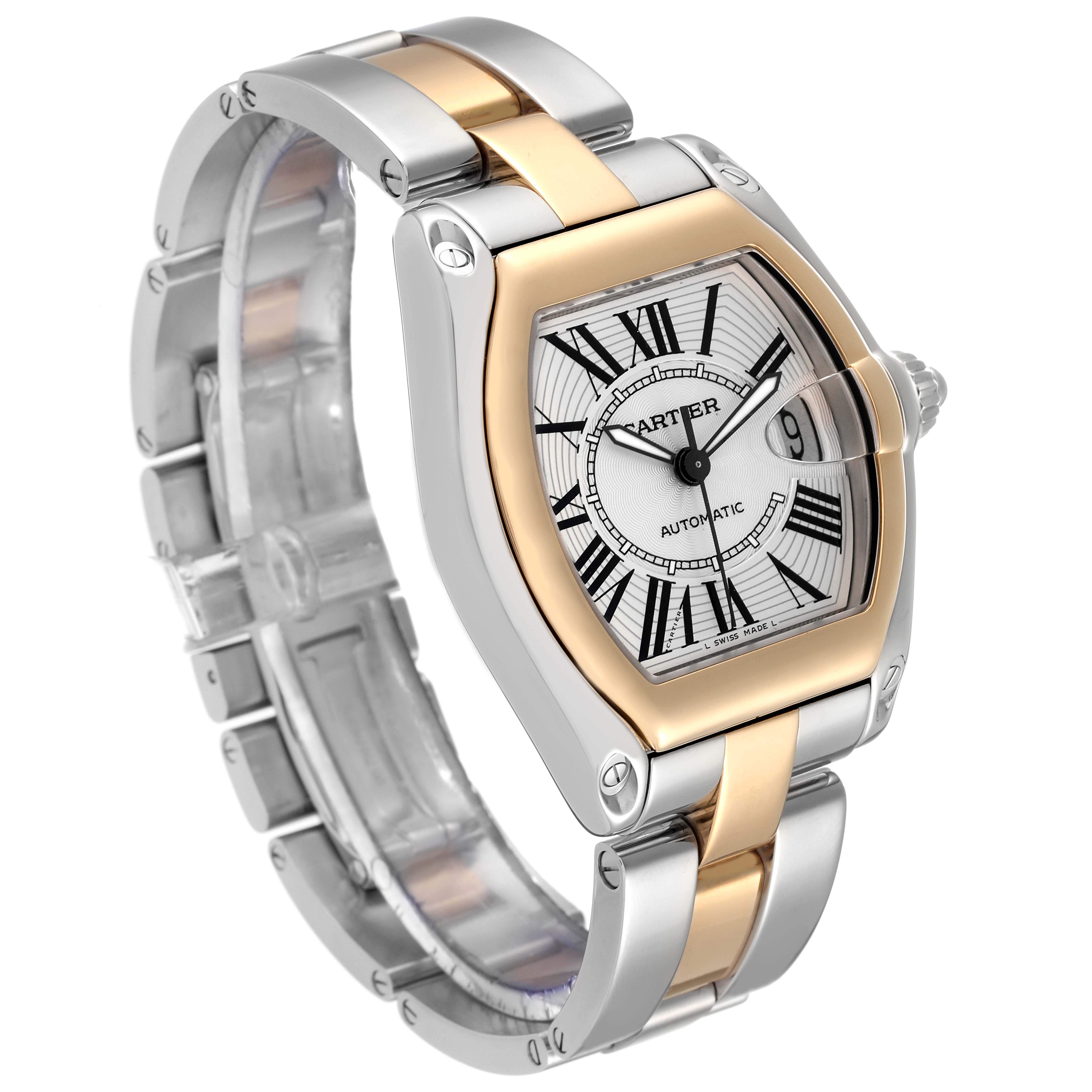 This image shows a Cartier Roadster W62031Y4 Men's Steel and Gold (two tone) Silver Dial W62031Y4 Men's Steel and Gold (two tone) Silver Dial watch from a slightly angled top view, highlighting the face, bezel, and two-tone bracelet.