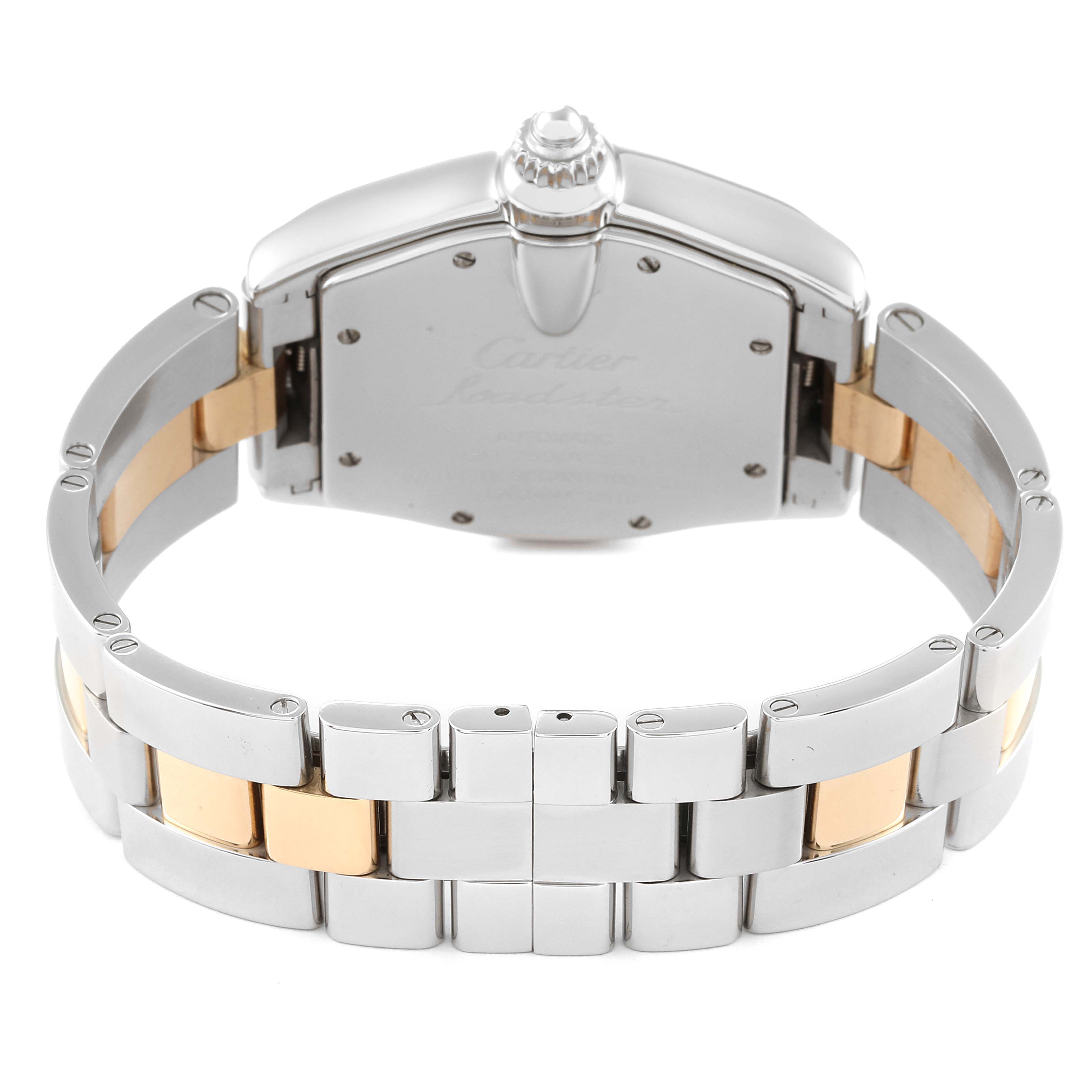 The image shows the back case and stainless steel bracelet of the Cartier Roadster W62031Y4 Men's Steel and Gold (two tone) Silver Dial W62031Y4 Men's Steel and Gold (two tone) Silver Dial watch.
