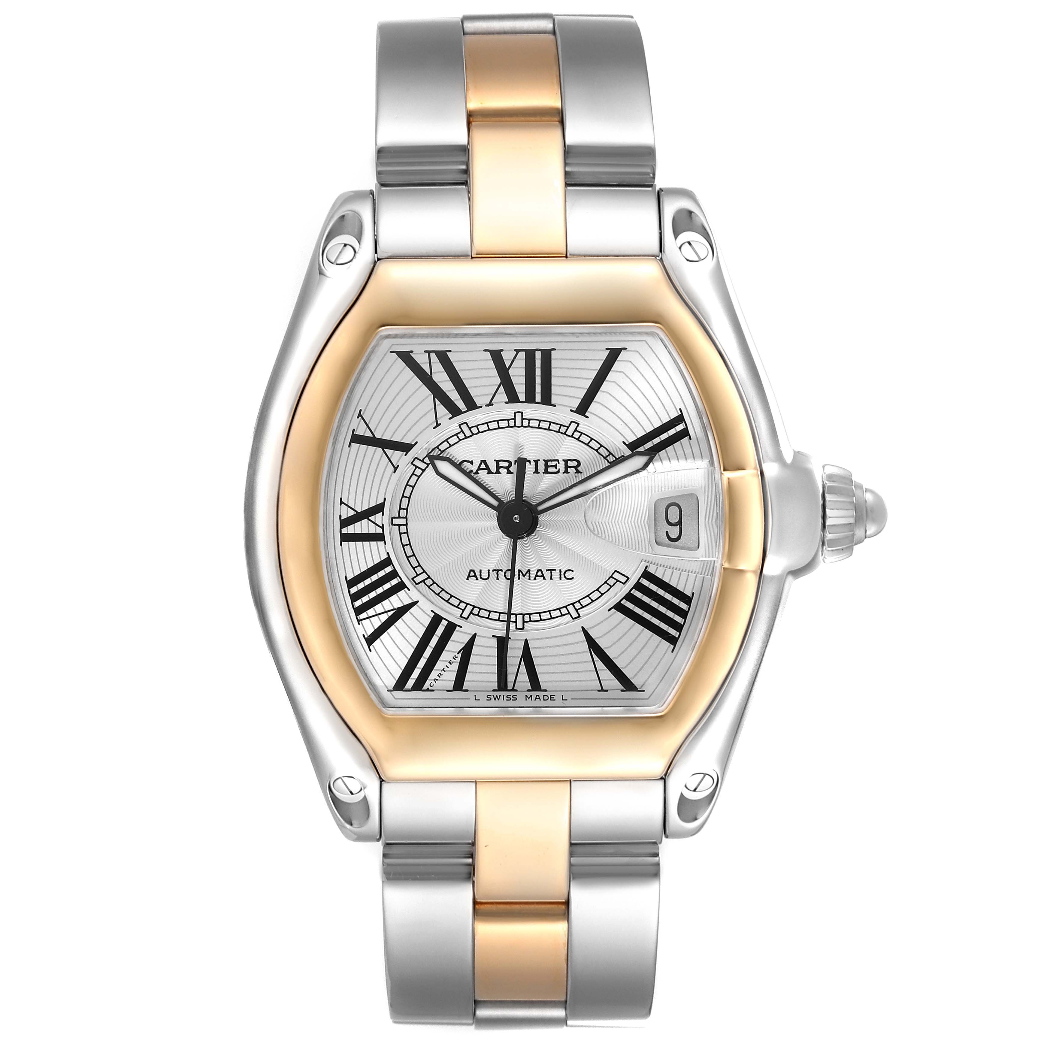 The image shows a front view of a Cartier Roadster W62031Y4 Men's Steel and Gold (two tone) Silver Dial W62031Y4 Men's Steel and Gold (two tone) Silver Dial watch, displaying the dial, bezel, and part of the bracelet.