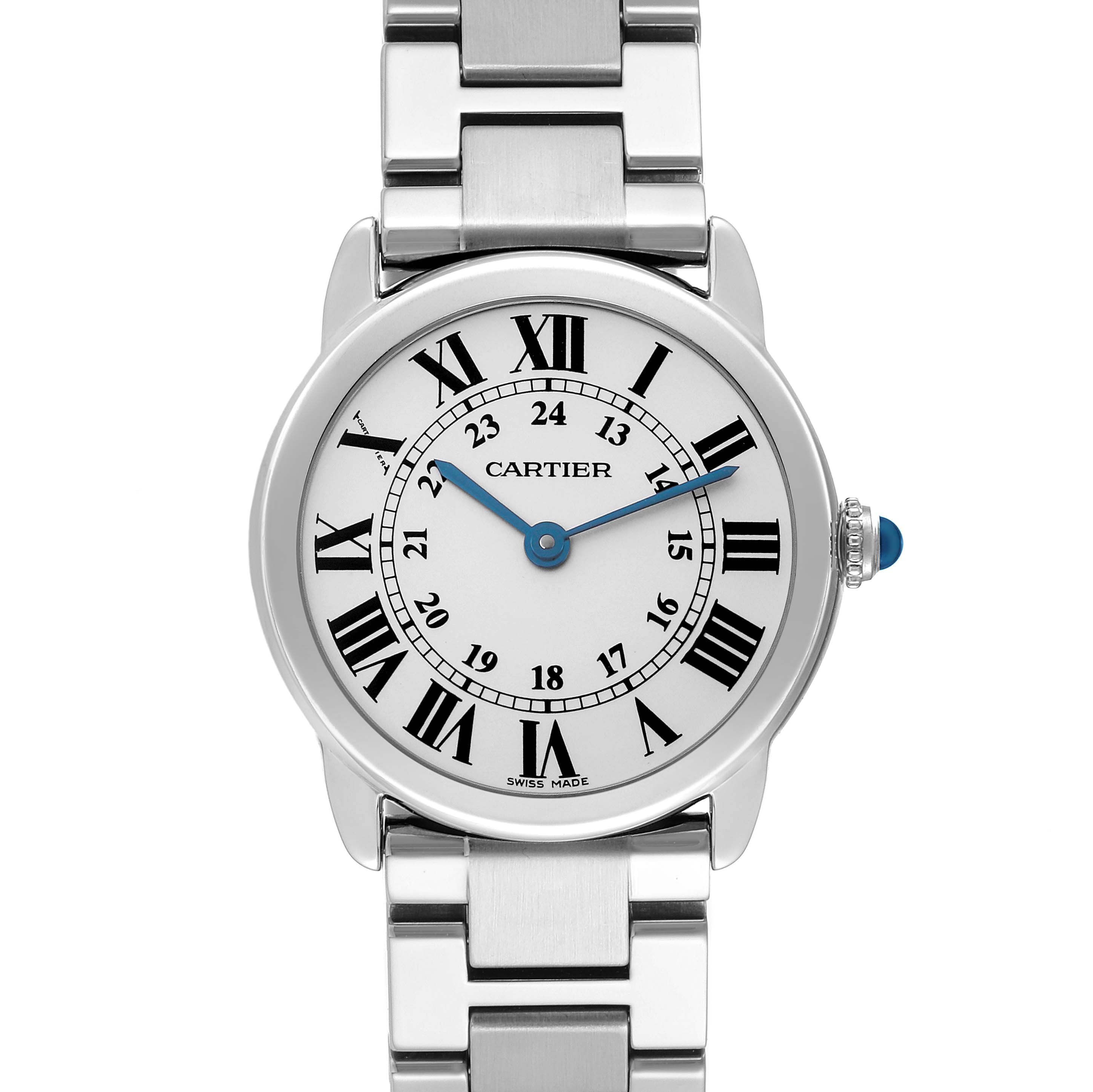 The Cartier Ronde model 72661 men
s watch is shown from a front view, displaying the face, Roman numerals, blue hands, and part of the metal bracelet.