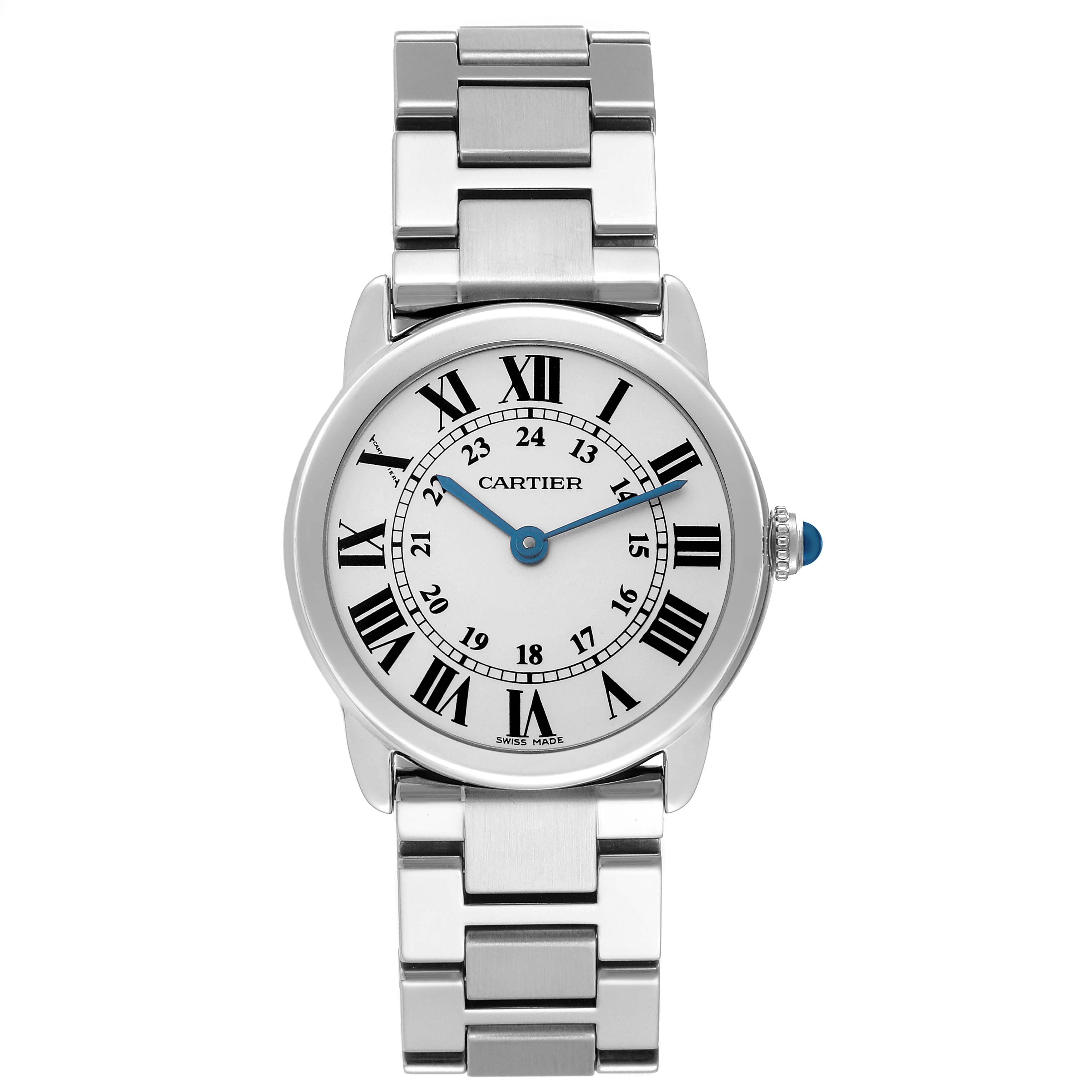 The Cartier Ronde model 72661 men
s watch is shown from a top-down angle, highlighting the face, Roman numerals, and metal bracelet.