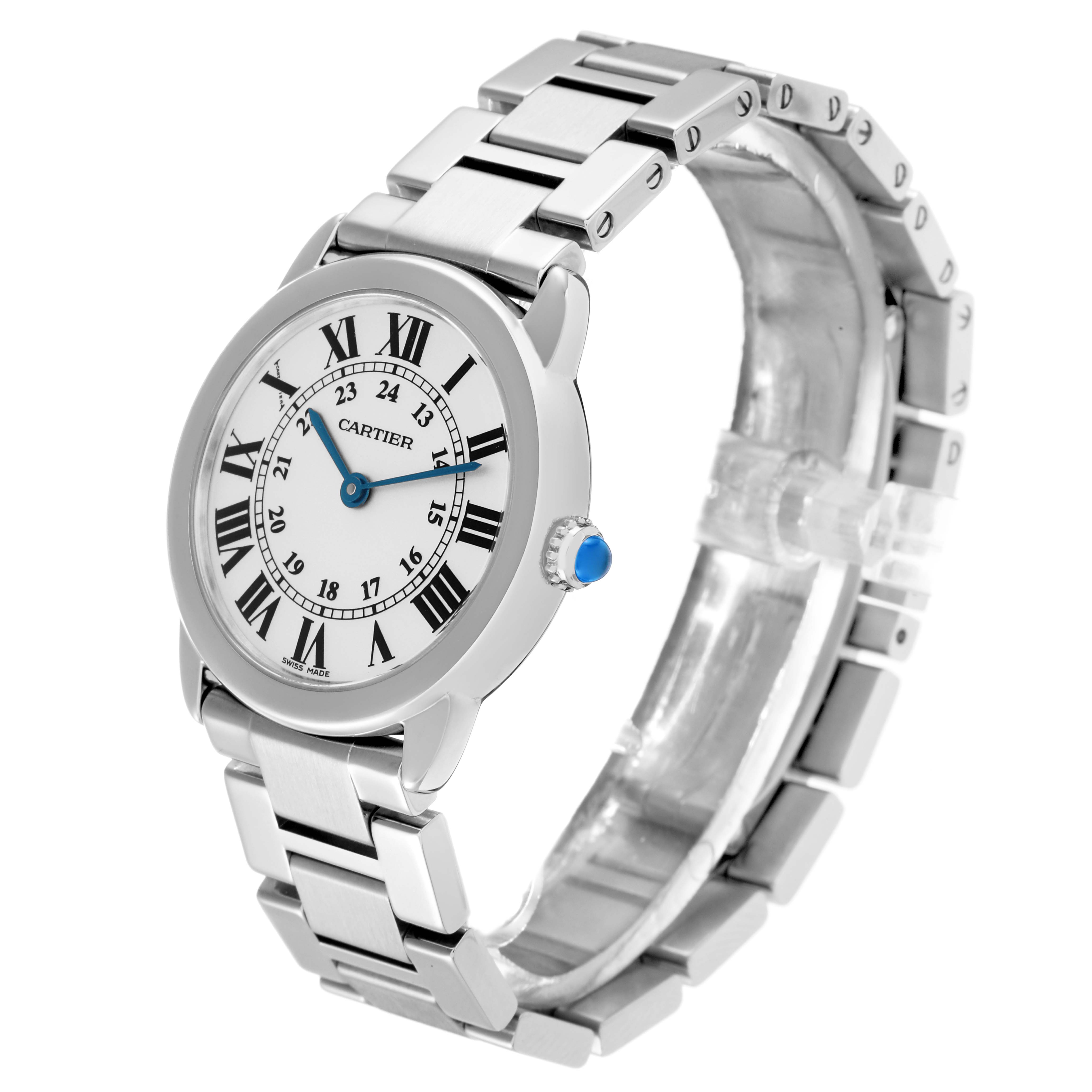 The Cartier Ronde model 72661 men
s watch is shown from an angled side view, highlighting the round face, Roman numerals, blue hands, and metal bracelet.