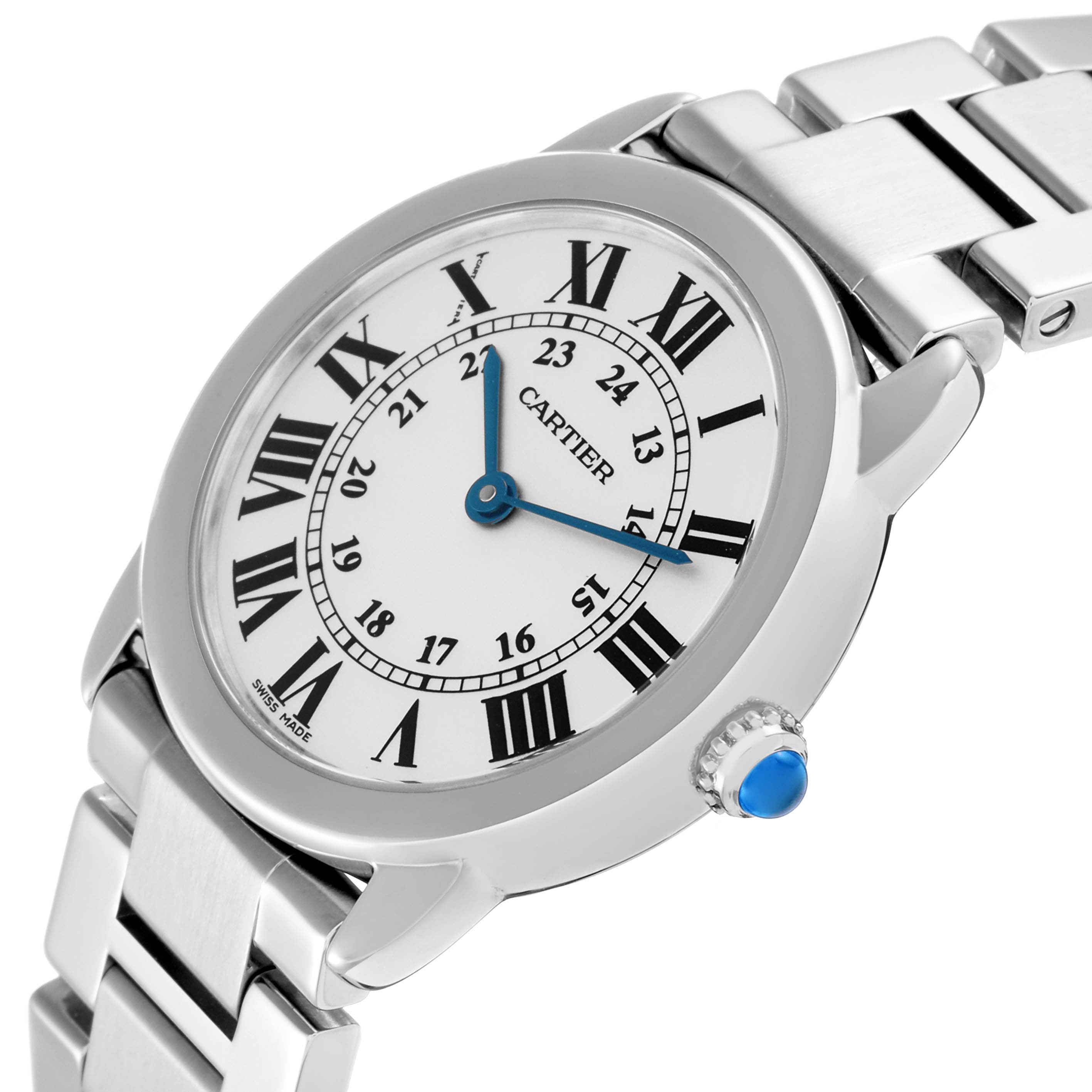 The image shows a Cartier Ronde model 72661 men
s watch at an angle highlighting its face, Roman numeral markers, hands, and part of the bracelet.