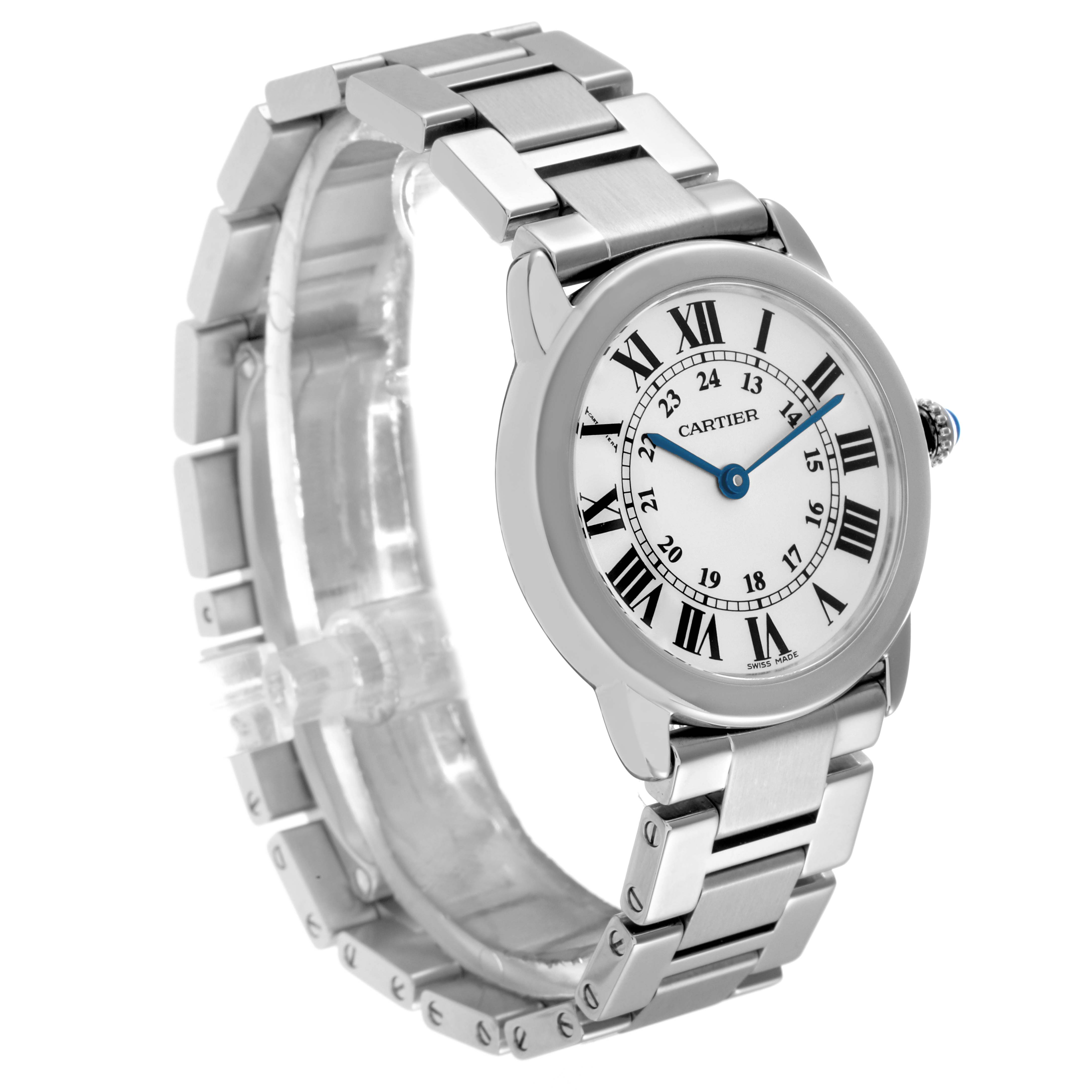 The Cartier Ronde model 72661 men
s watch is shown at a three-quarter angle, featuring its round case, Roman numeral dial, metal bracelet, and blue hands.