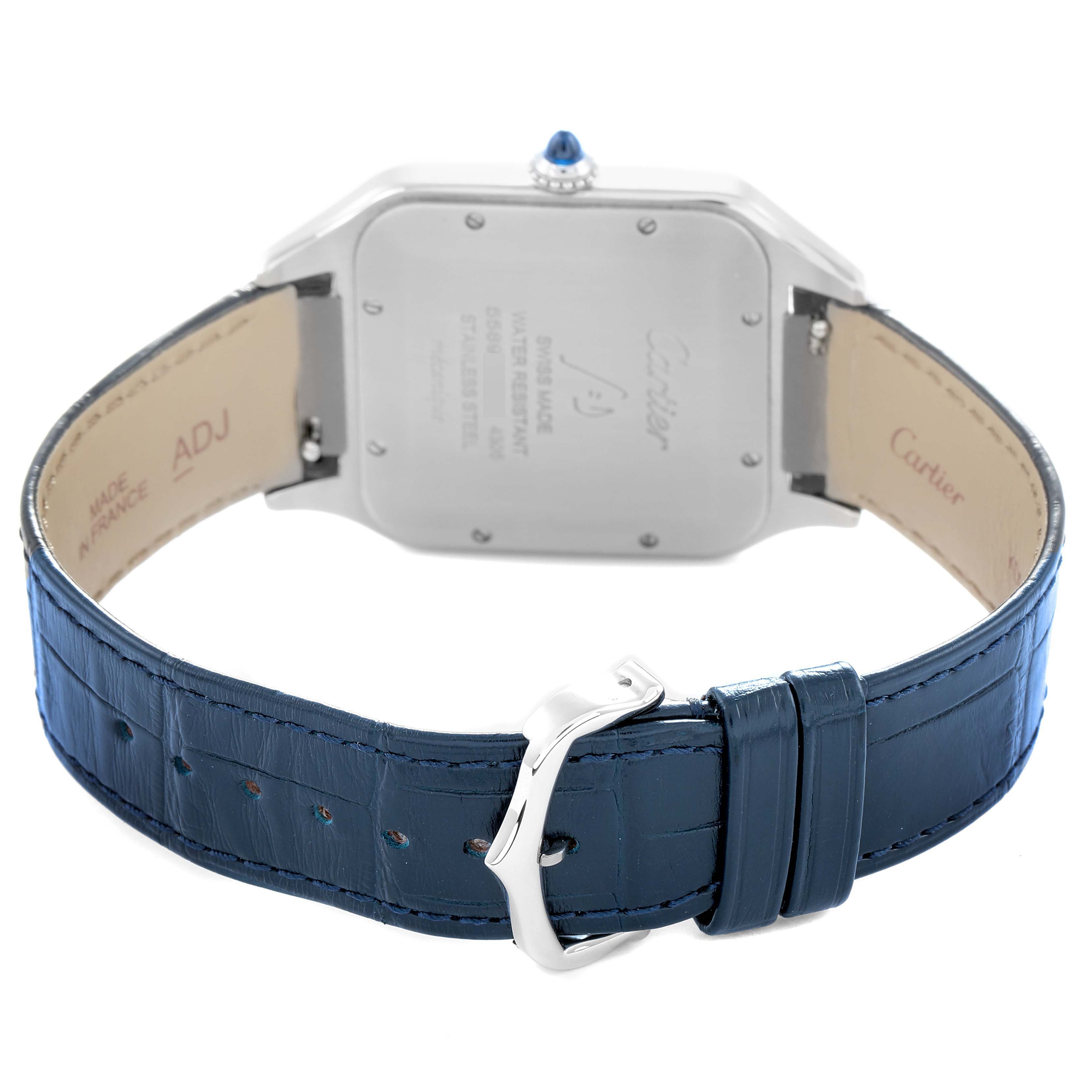 The image shows the backside of the Cartier Santos Dumont model number WSSA0032, showcasing the case back, strap, and buckle from a rear angle.