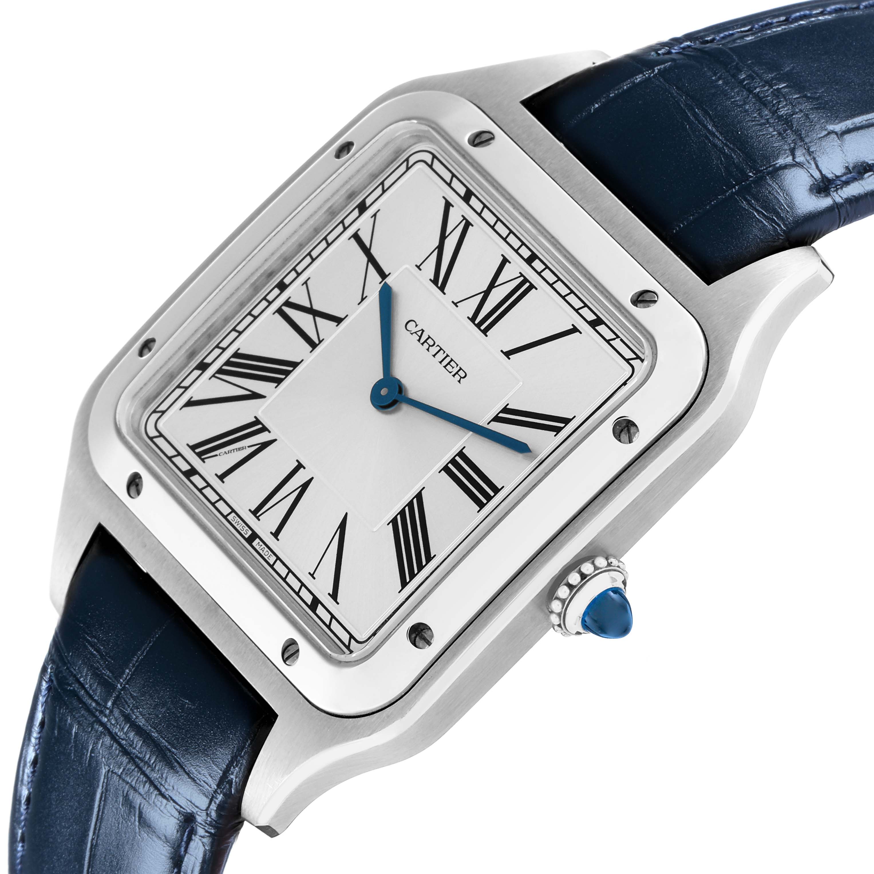 The image shows the Cartier Santos Dumont model WSSA0032 from a three-quarter angle, highlighting the watch face, blue alligator strap, and beaded crown with a blue cabochon.