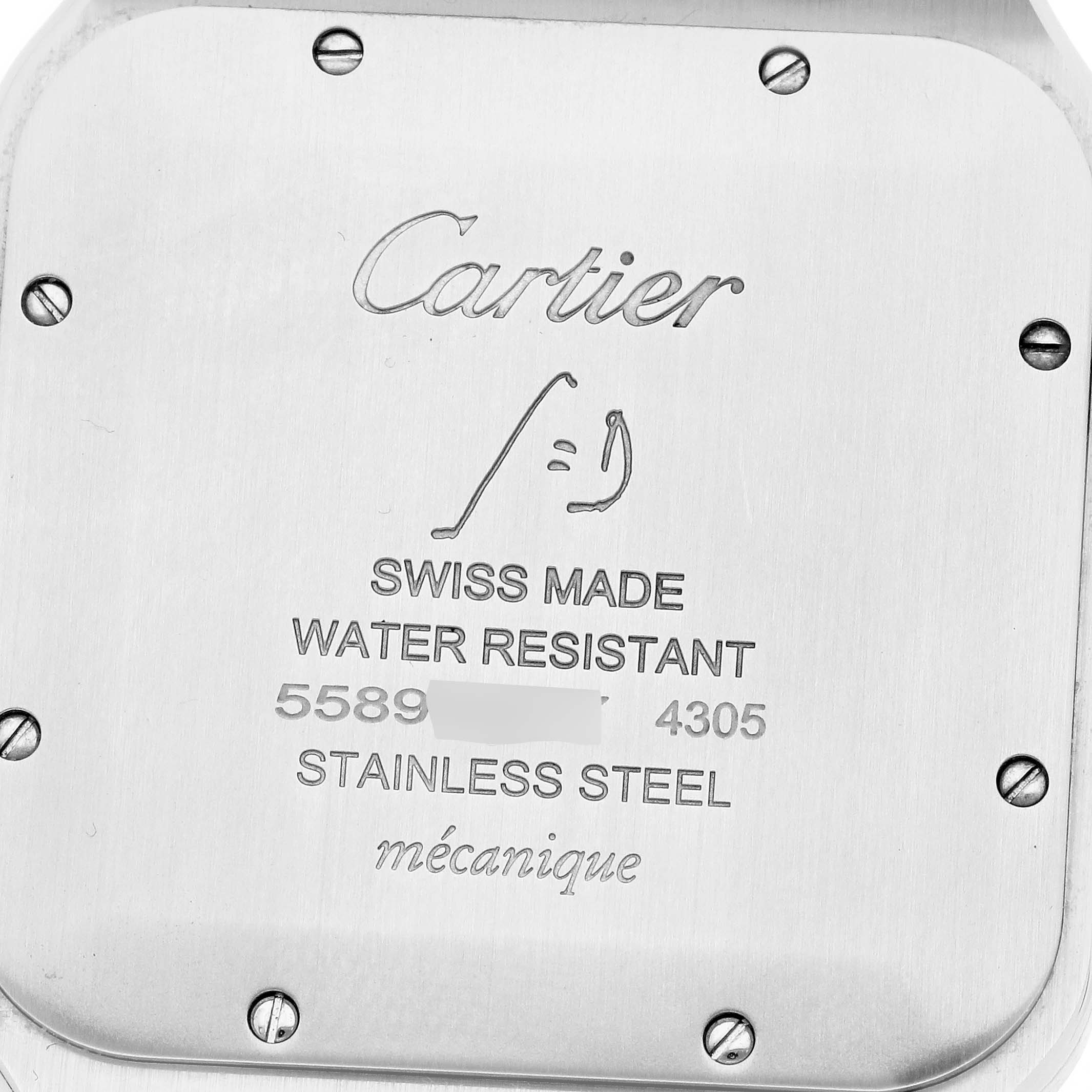 The image shows the case back of the Cartier Santos Dumont watch, model WSSA0032, highlighting its engravings and stainless steel construction.