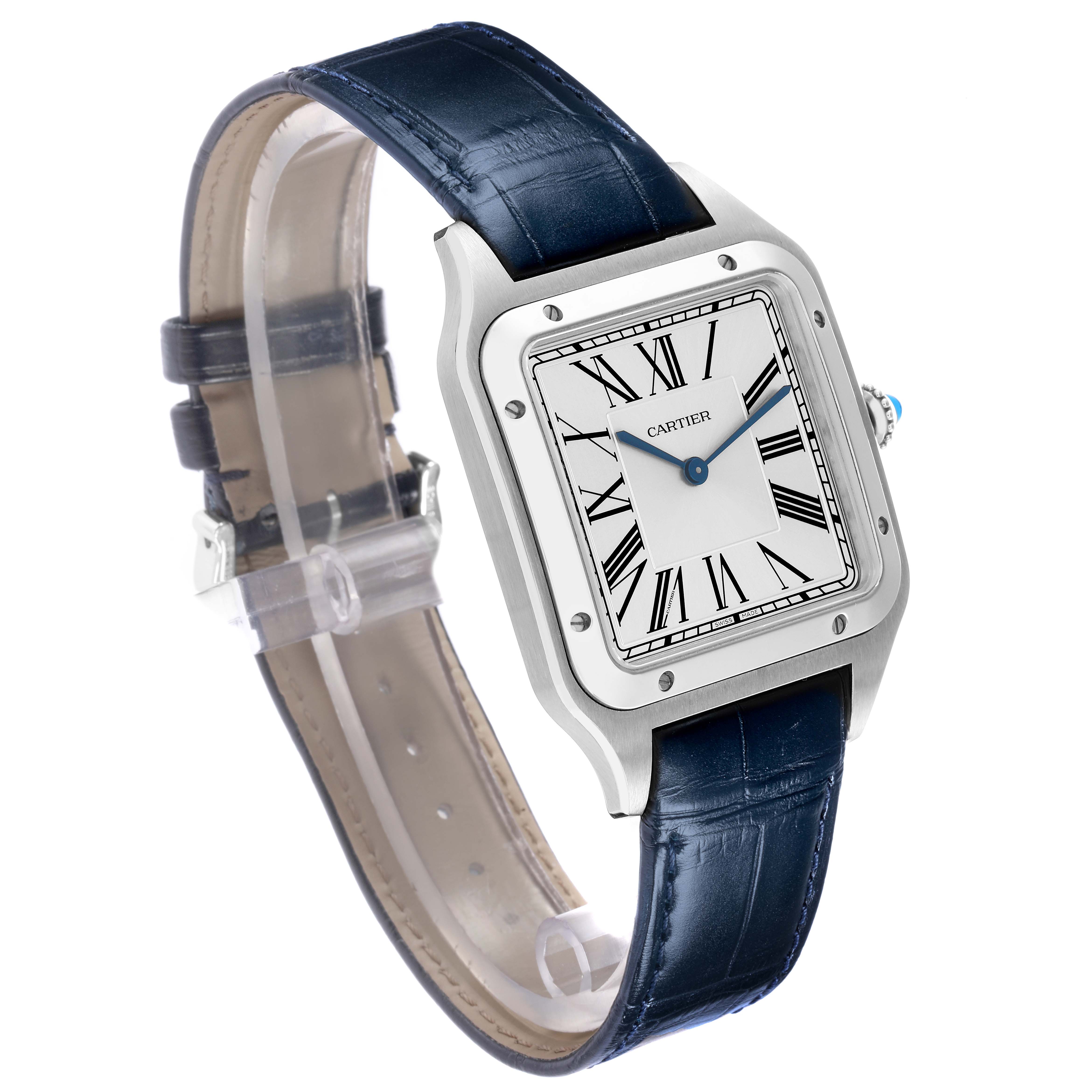 The Cartier Santos Dumont WSSA0032 watch is shown at a slight angle, highlighting its rectangular face, Roman numeral dial, blue leather strap, and crown.