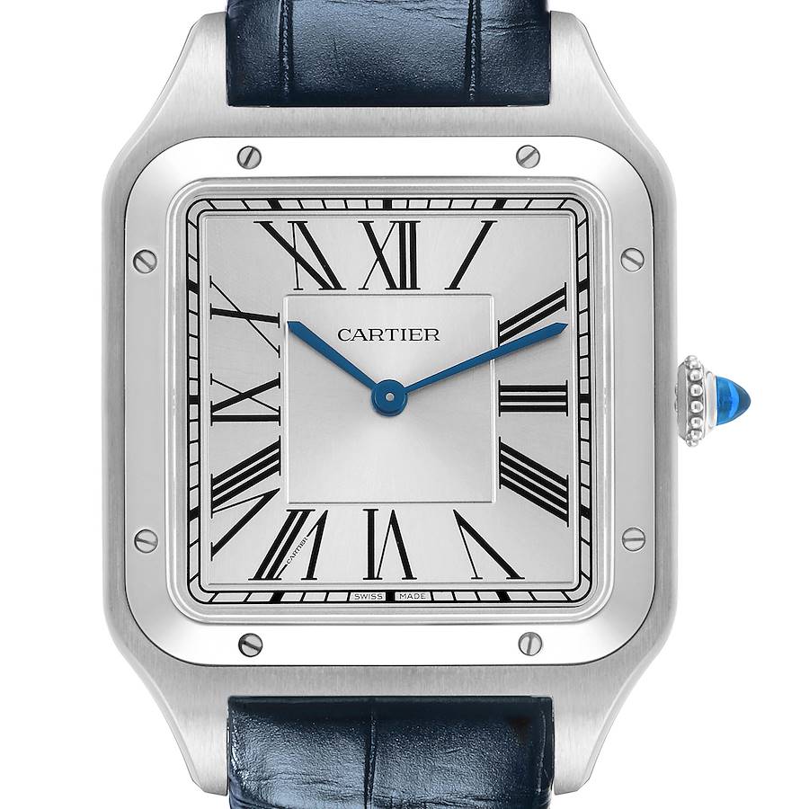 The Cartier Santos Dumont WSSA0032 watch is displayed from the front, showing its square case, Roman numeral dial, blue hands, and crown with a blue cabochon.