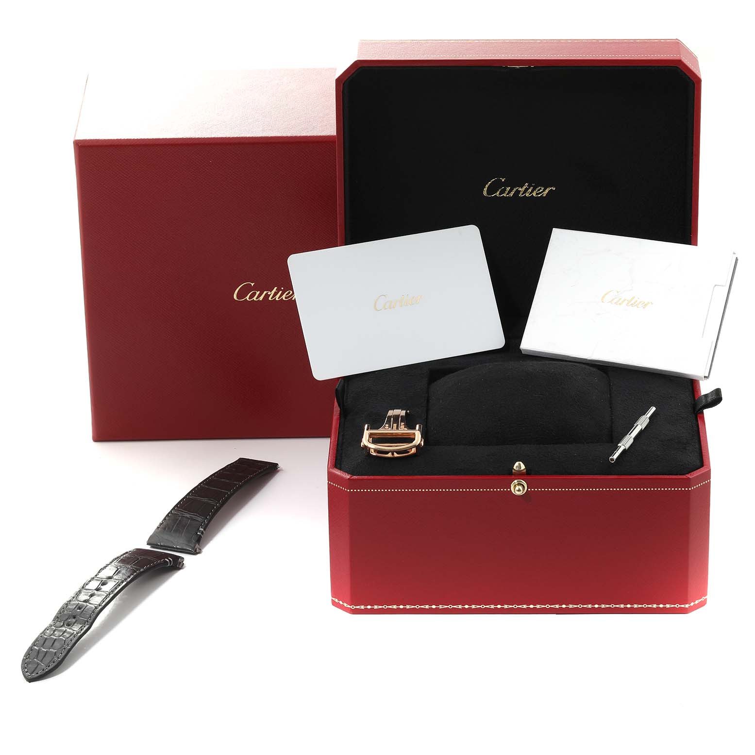 The image shows the Santos model by Cartier with a red box, manual, a watch strap, buckles, and a tool.