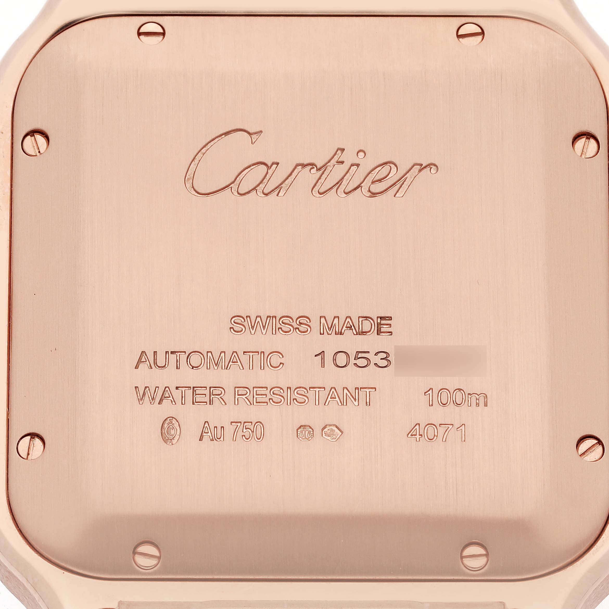 The image shows the case back of the Cartier Santos WGSA0018 Men's Rose Gold Silver Dial WGSA0018 Men's Rose Gold Silver Dial watch, displaying specifications and branding.