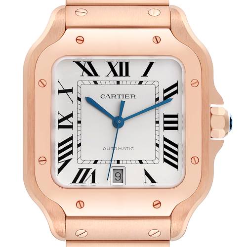 Photo of Cartier Santos Large Rose Gold Silver Dial Mens Watch WGSA0018 Box Card