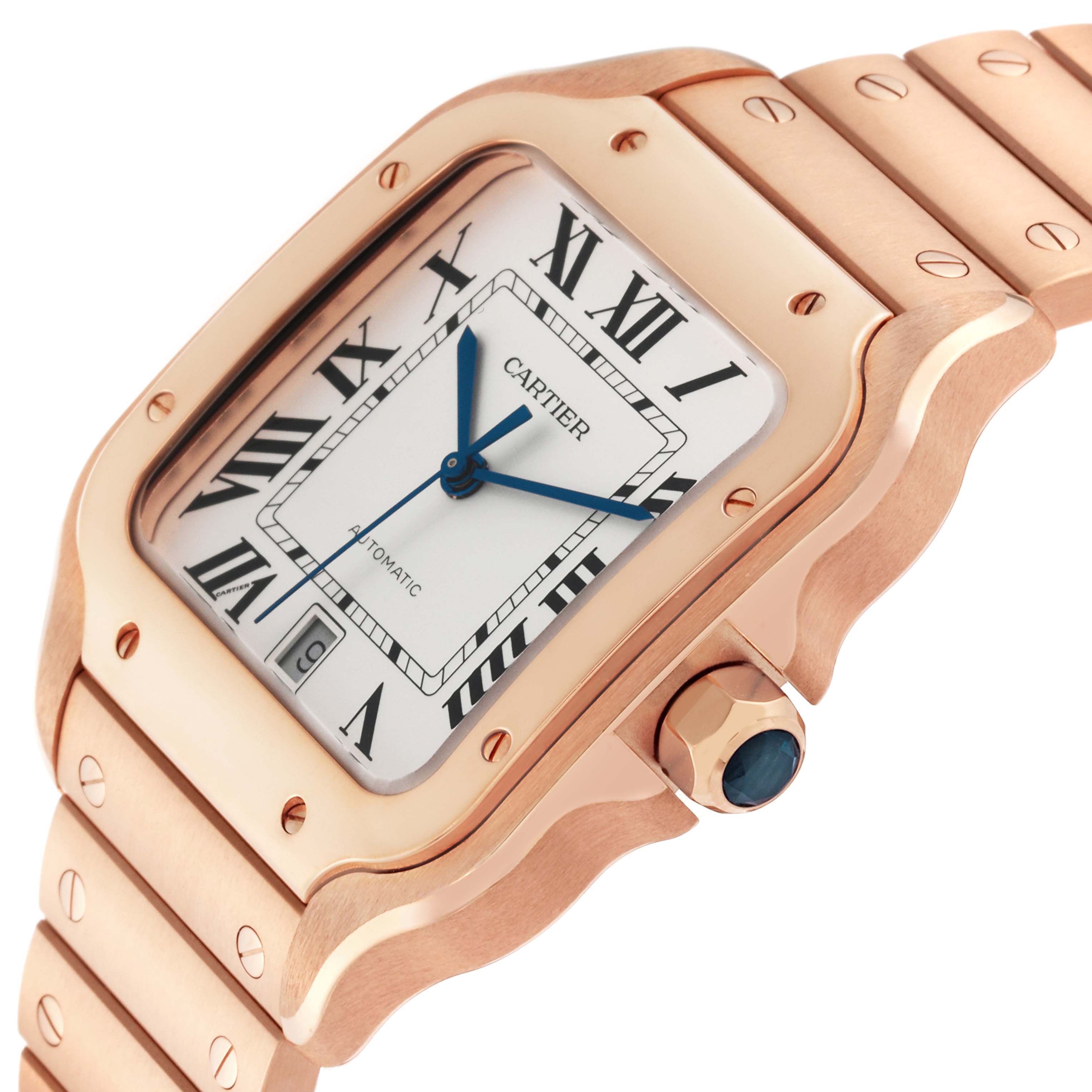 This image shows a close-up angled view of the Cartier Santos WGSA0018 Men's Rose Gold Silver Dial WGSA0018 Men's Rose Gold Silver Dial watch case, dial, crown, and parts of the bracelet.