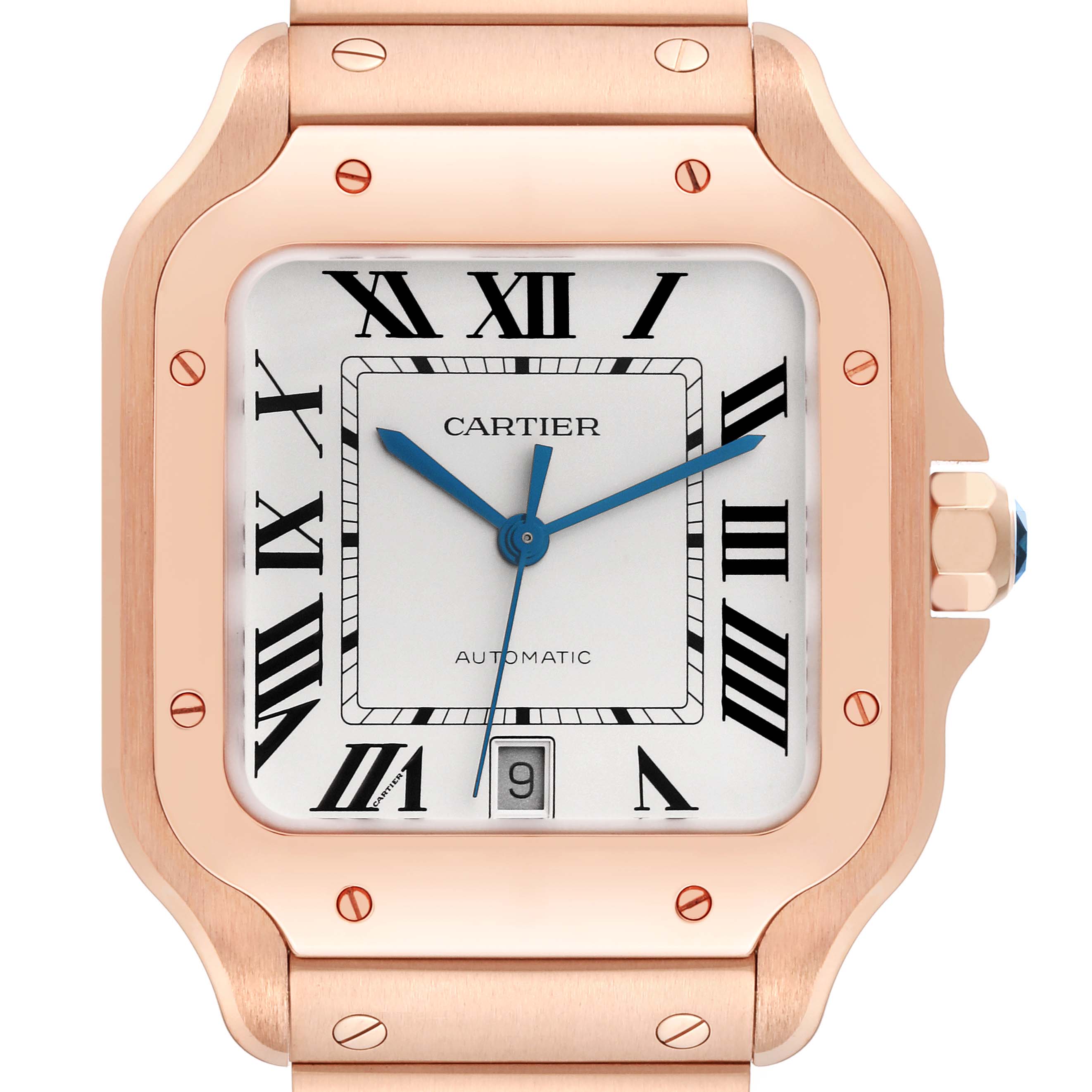 The image shows a close-up of the face and bezel of the Santos model watch by Cartier.