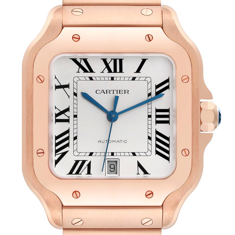 Cartier Santos Large Rose Gold Silver Dial Mens Watch WGSA0018 Box Card SwissWatchExpo