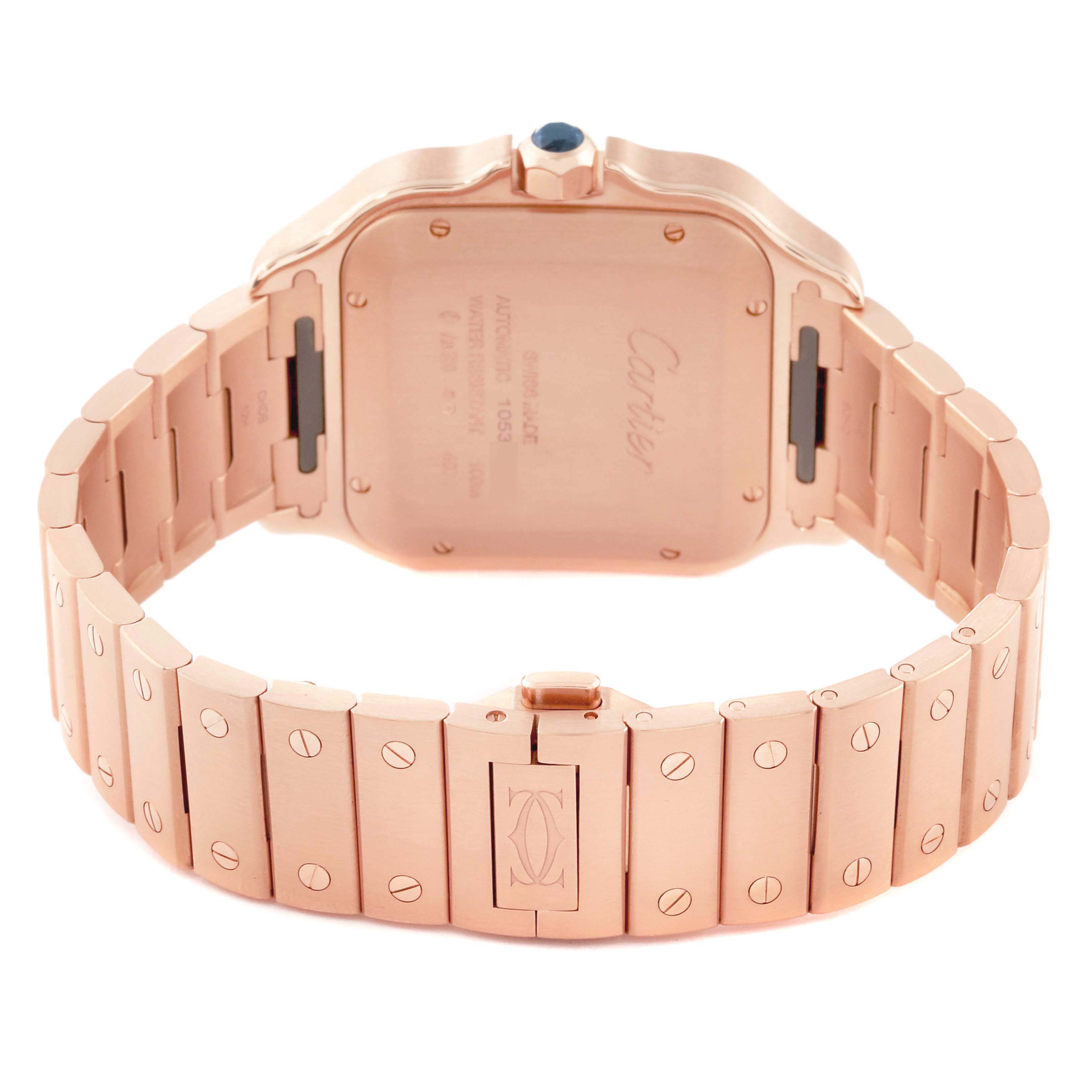 This is a rear view of the Cartier Santos WGSA0018 Men's Rose Gold Silver Dial WGSA0018 Men's Rose Gold Silver Dial watch, showing the case back, bracelet, and clasp.