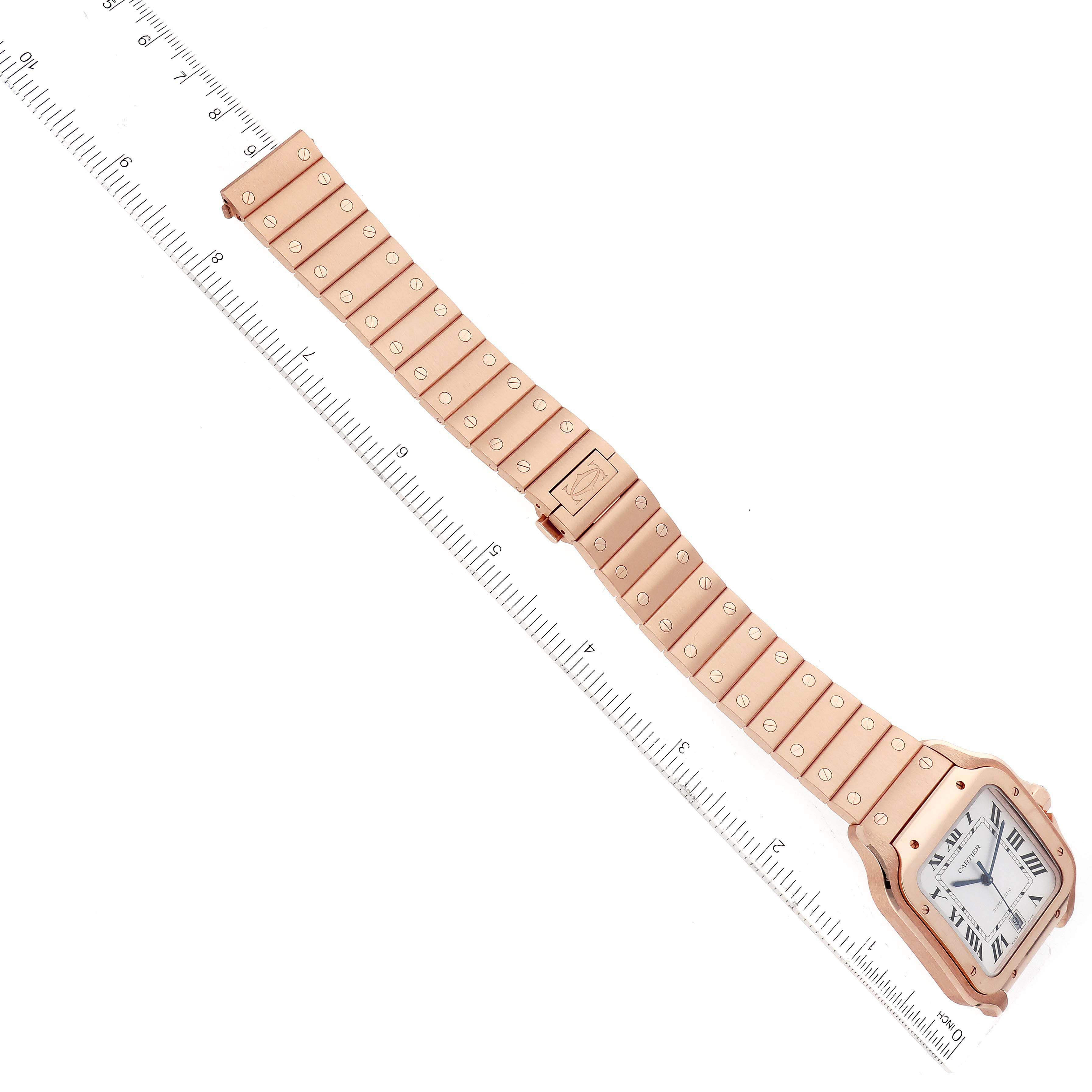 This image shows a top-down view of a Cartier Santos WGSA0018 Men's Rose Gold Silver Dial WGSA0018 Men's Rose Gold Silver Dial watch, including its face, case, and bracelet.