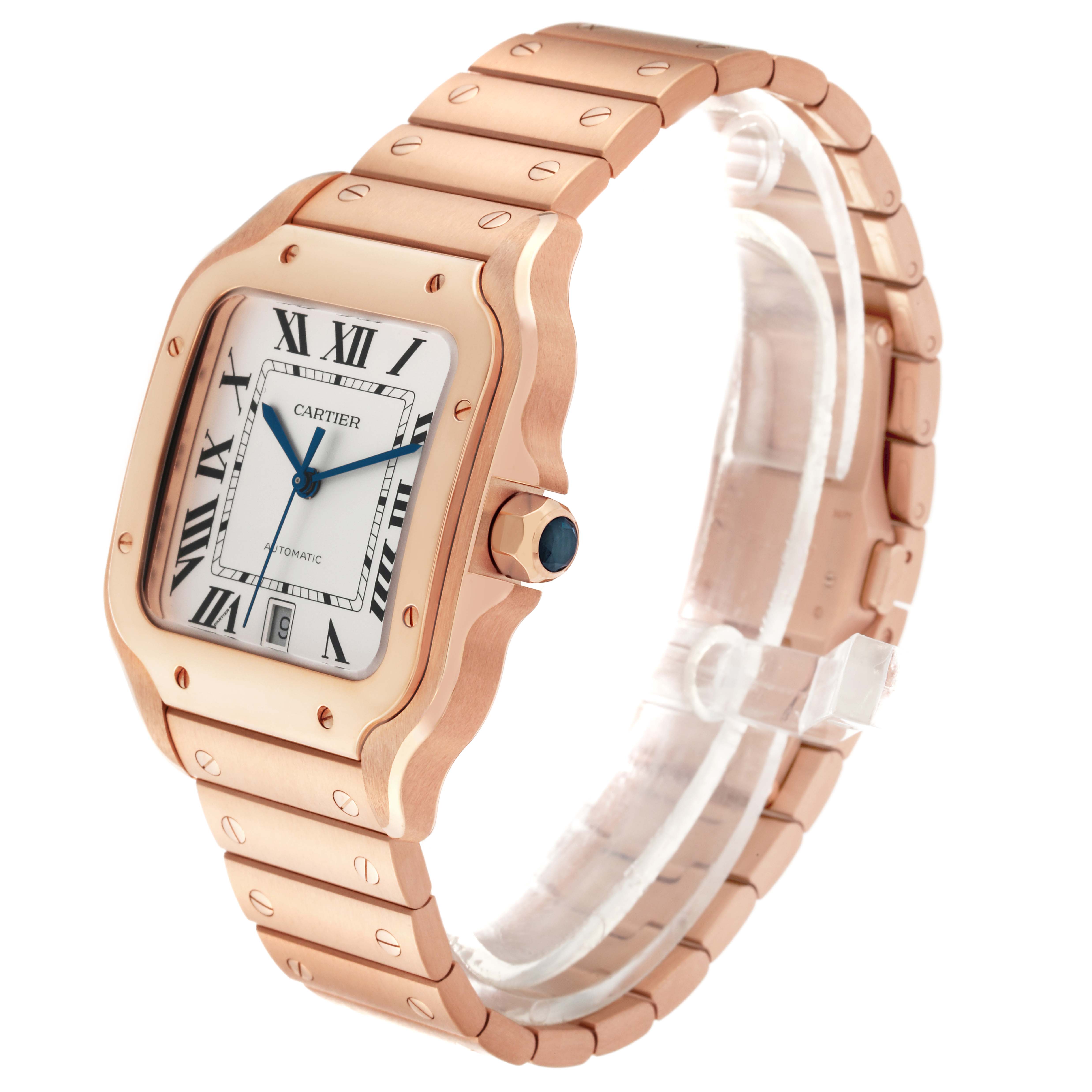 This image shows a Cartier Santos WGSA0018 Men's Rose Gold Silver Dial WGSA0018 Men's Rose Gold Silver Dial watch from a three-quarter angle, highlighting the bezel, dial, crown, and bracelet.