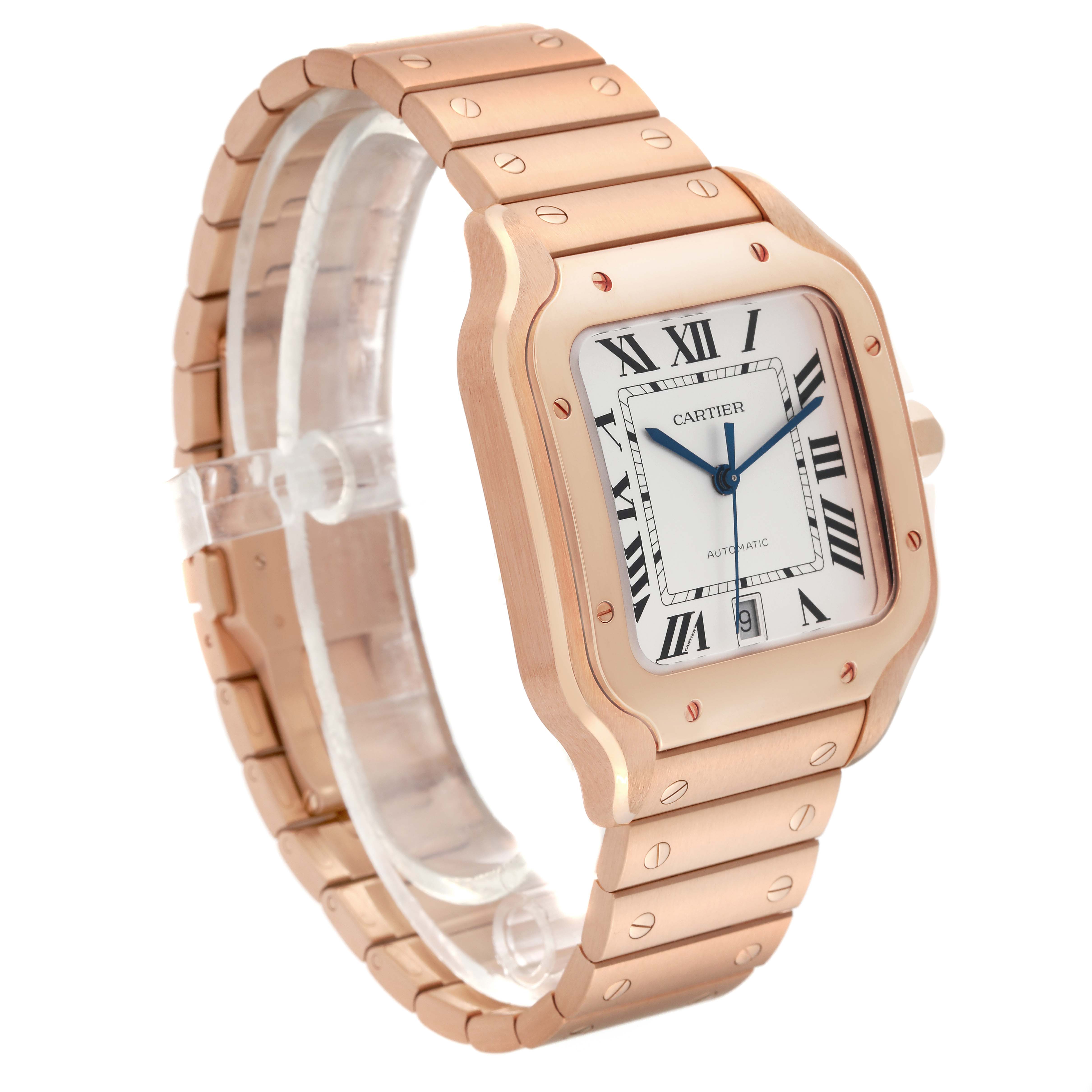The Cartier Santos WGSA0018 Men's Rose Gold Silver Dial WGSA0018 Men's Rose Gold Silver Dial watch is shown at a three-quarter angle, displaying its face, bezel, case, and part of the bracelet.