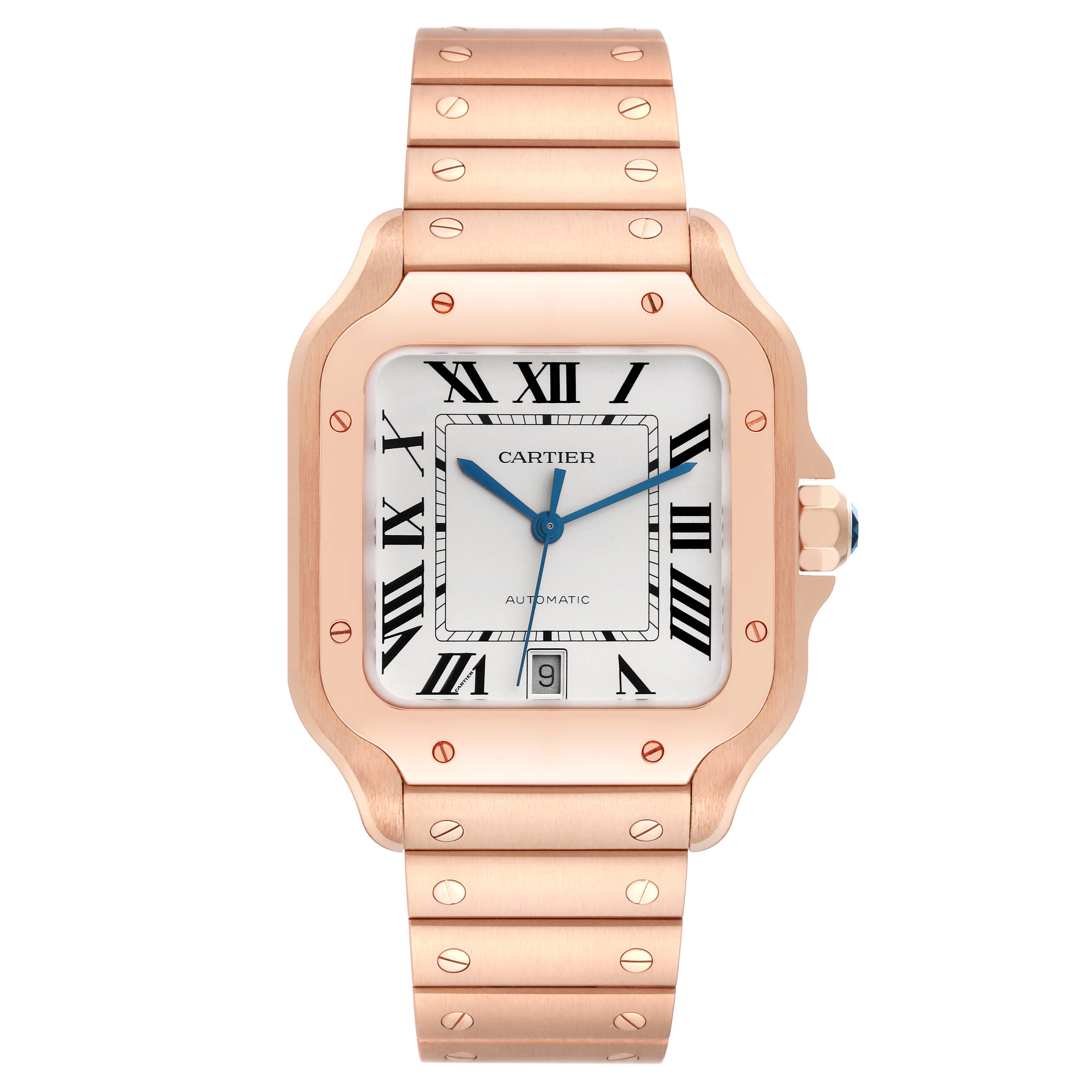 The image shows a front view of the Cartier Santos WGSA0018 Men's Rose Gold Silver Dial WGSA0018 Men's Rose Gold Silver Dial watch with a rose gold case and bracelet.