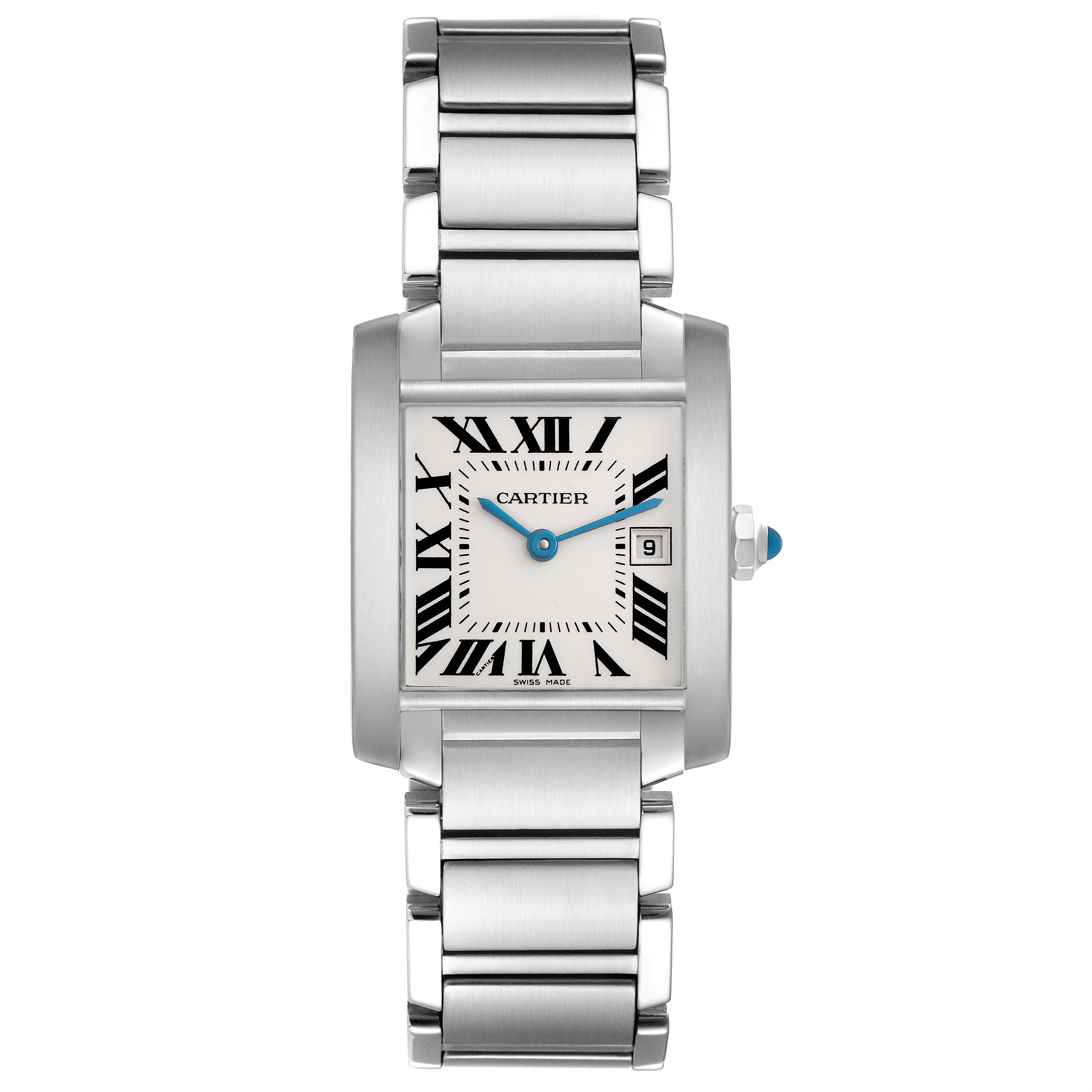 The Cartier Tank Française, model W51011Q3, is shown from a front view, displaying its face, Roman numerals, blue hands, and stainless steel bracelet.
