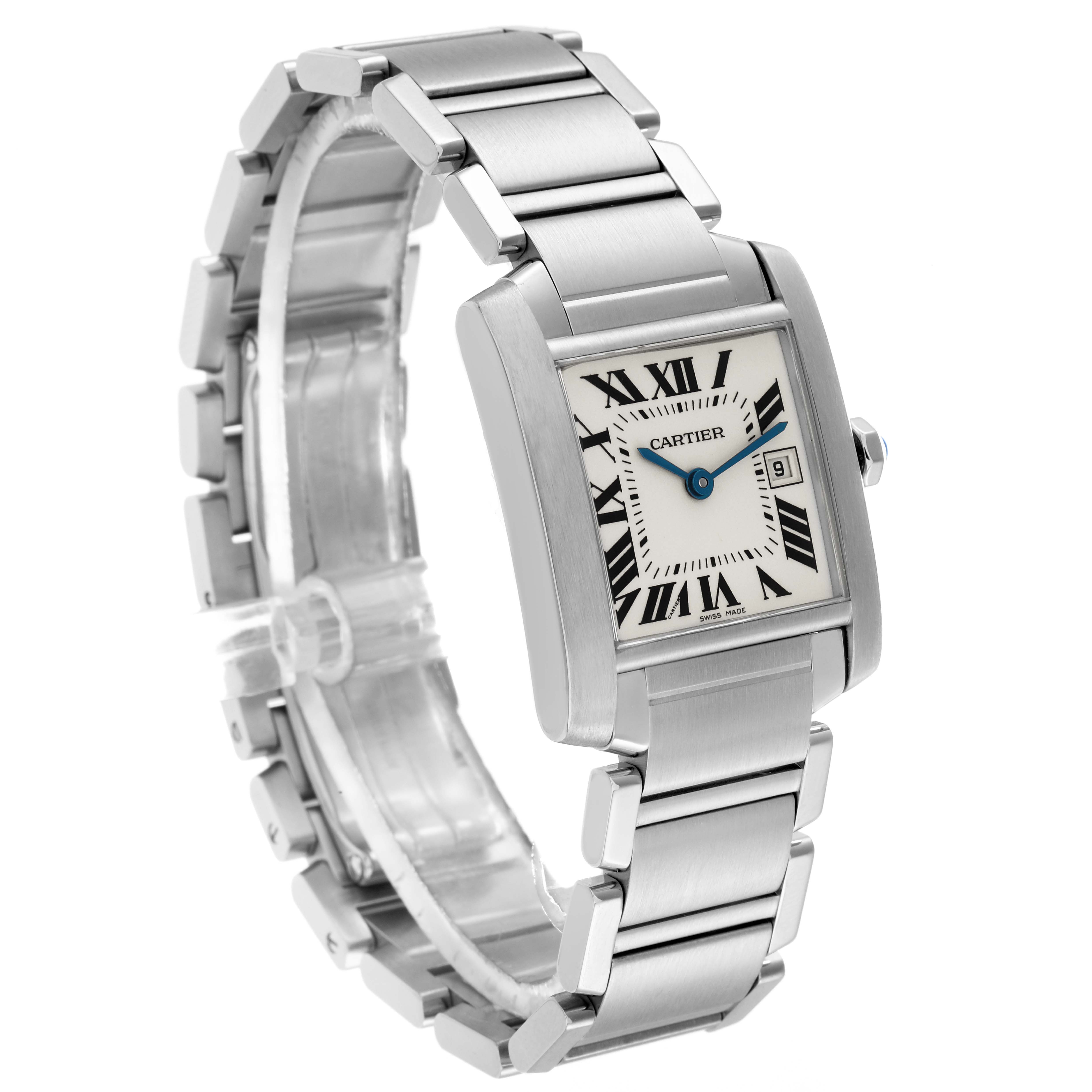 The Cartier Tank Française W51011Q3 men
s watch is shown at an angled view, displaying its rectangular dial, Roman numerals, blue hands, and metal bracelet.