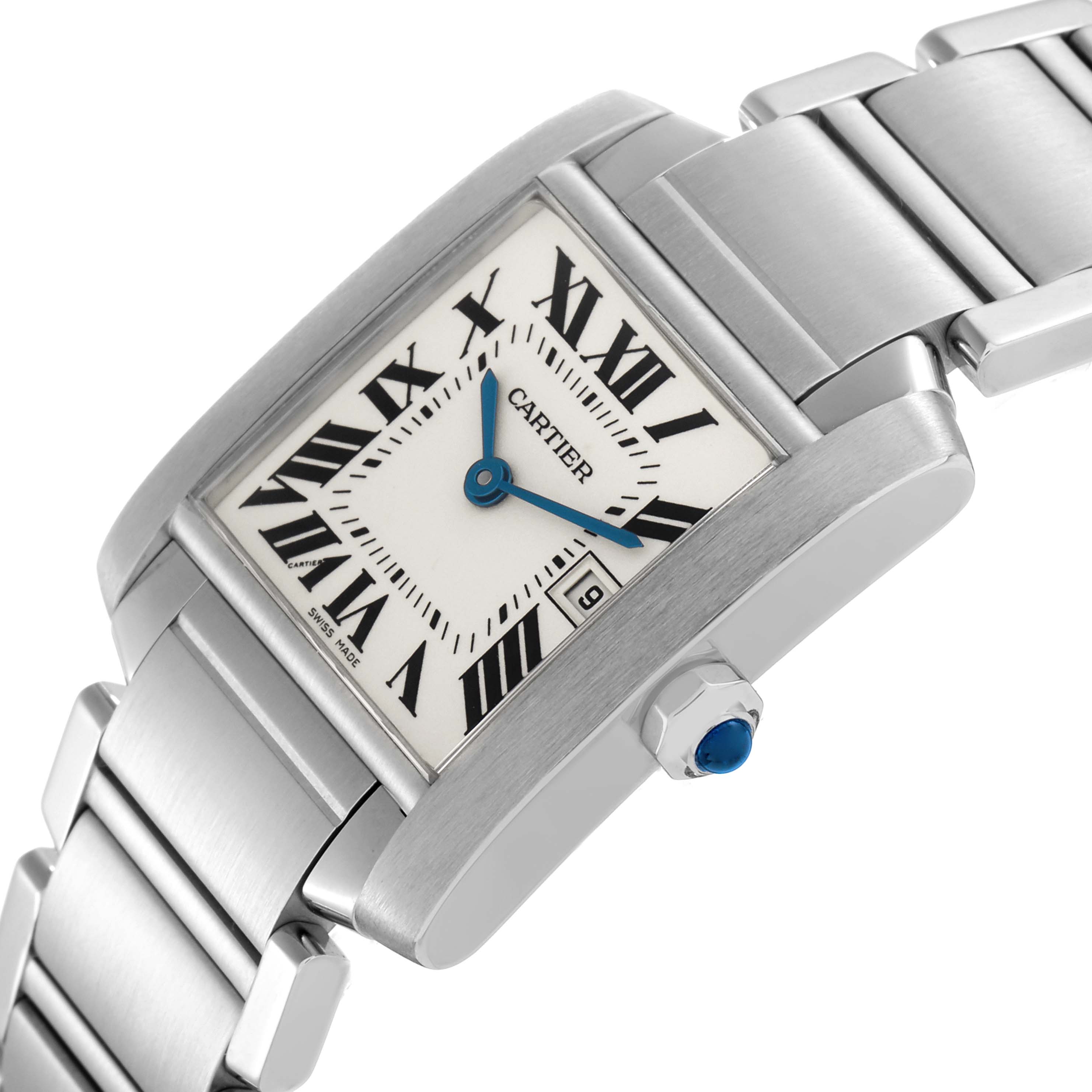 The Cartier Tank Française model W51011Q3 watch is shown at an angled view highlighting the face, Roman numerals, blue hands, stainless steel case, and bracelet.