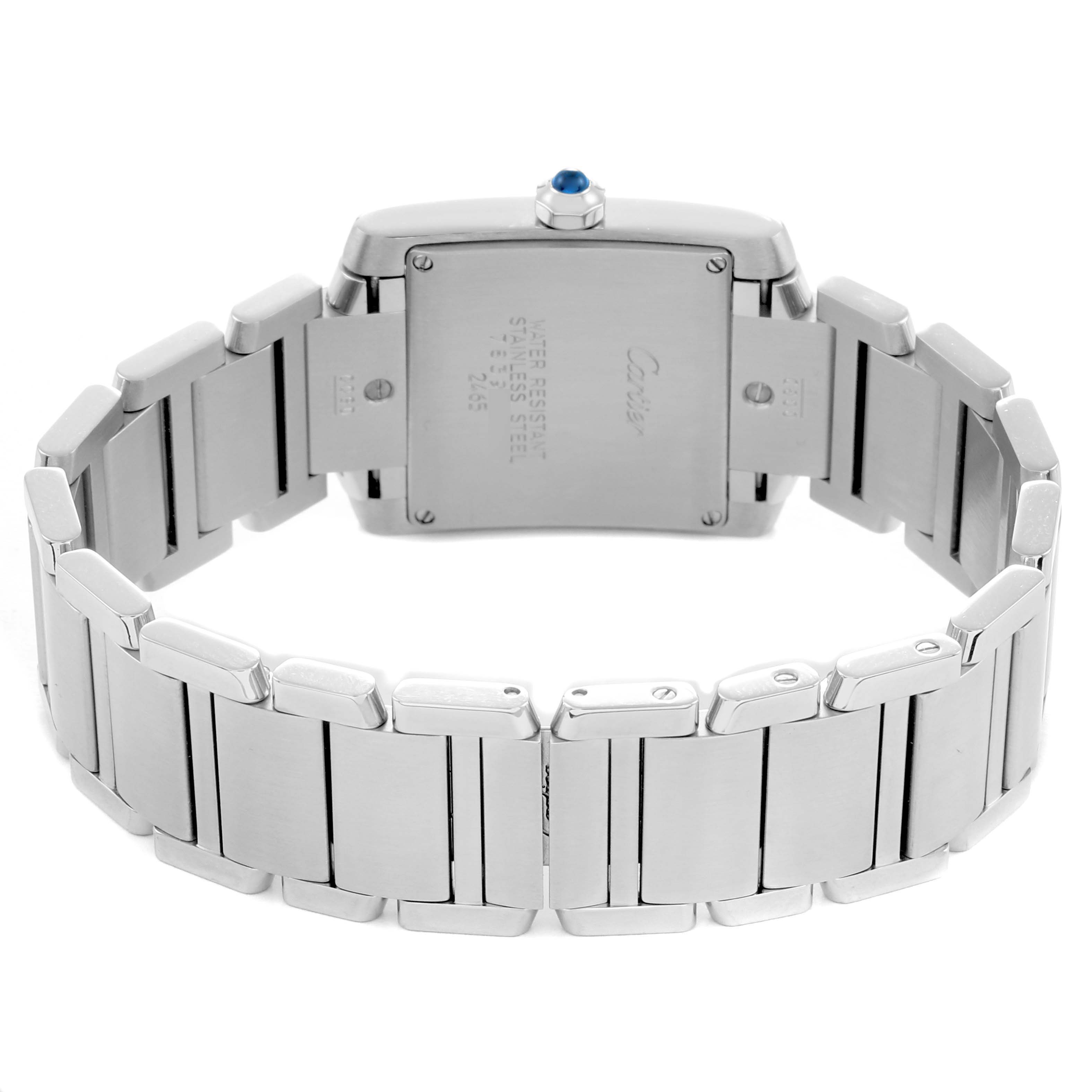 The image shows the back of the Cartier Tank Francaise model W51011Q3, focusing on the case back and stainless steel bracelet links.