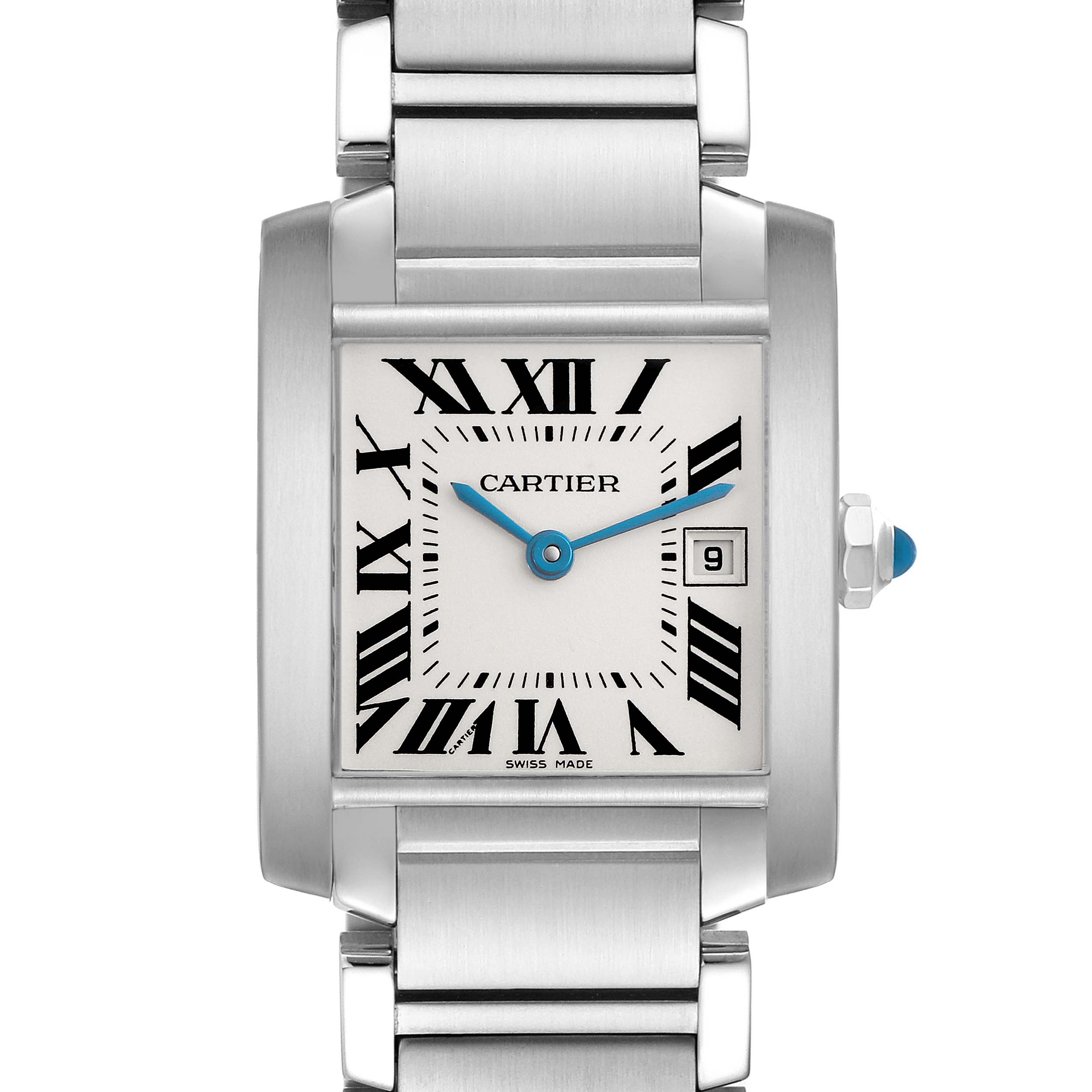 The Cartier Tank Française model W51011Q3 is shown from a front angle, displaying its rectangular face, Roman numerals, date window, and steel bracelet.