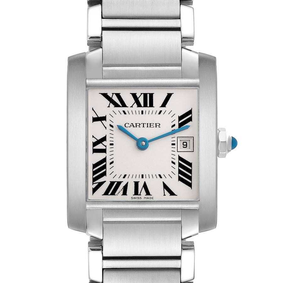 The Cartier Tank Française model W51011Q3 is shown from a front angle, displaying its rectangular face, Roman numerals, date window, and steel bracelet.
