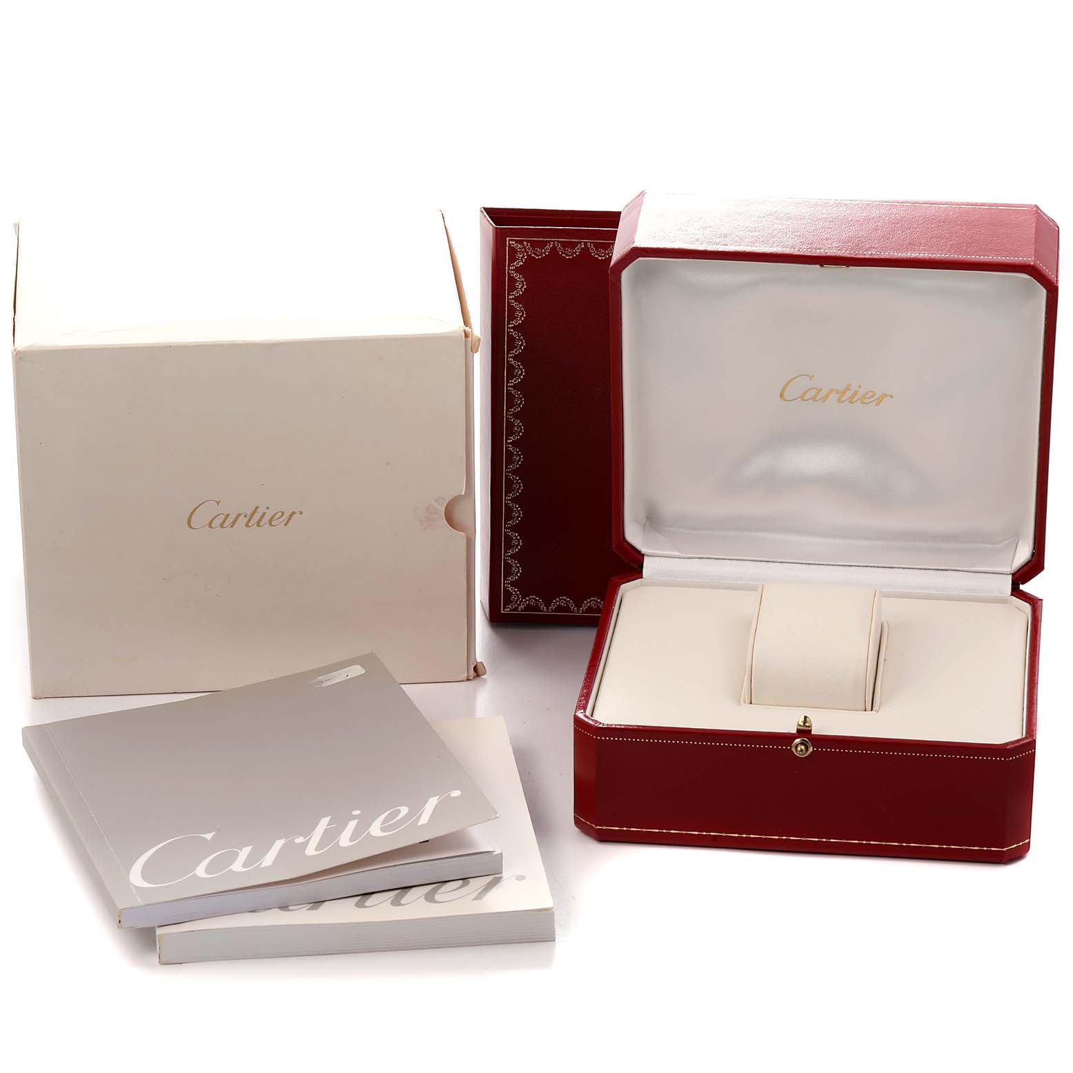 The image shows the packaging and accessories for a Cartier Tank Francaise model W51011Q3 watch, including a red box, an outer box, and booklets.