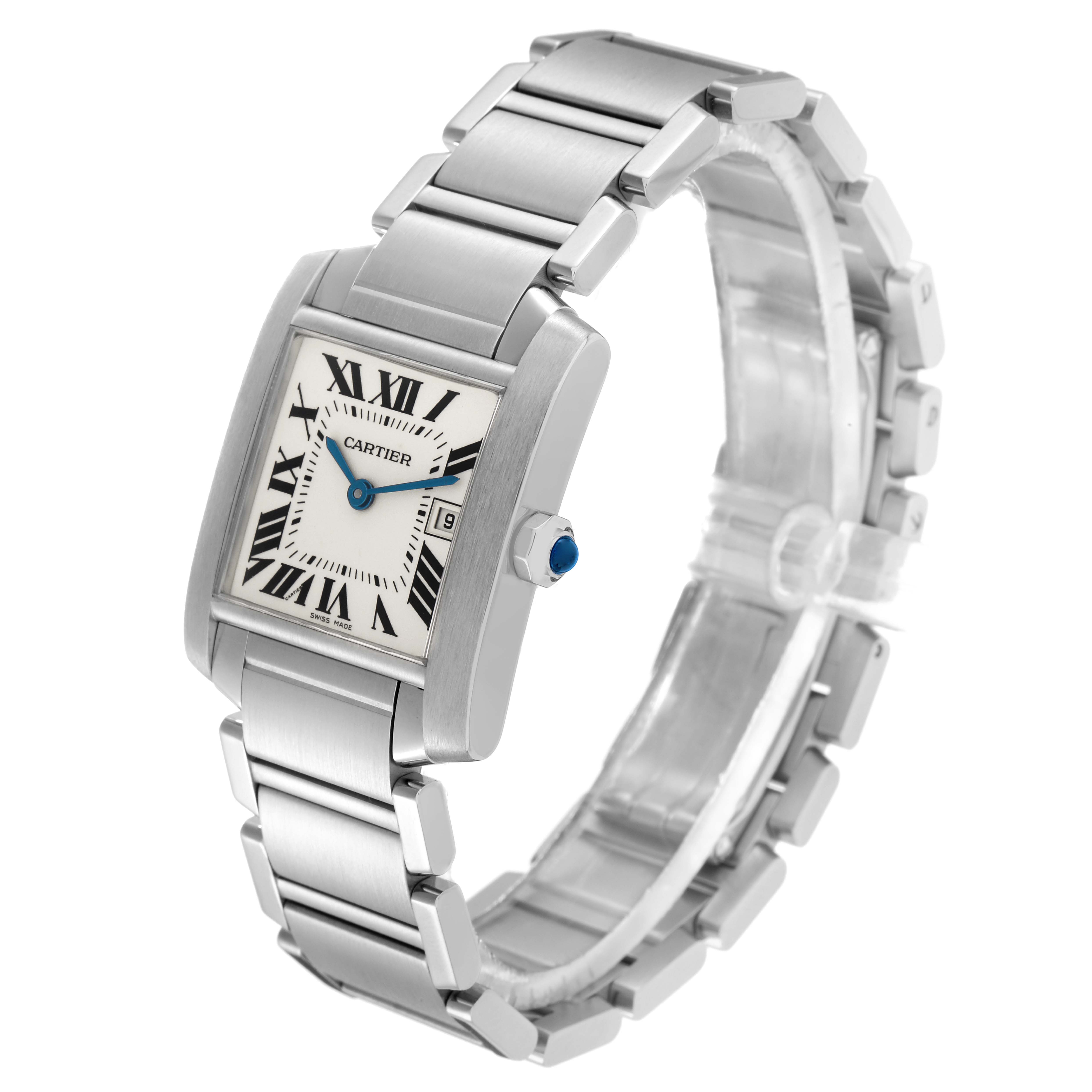 The Cartier Tank Francaise W51011Q3 men
s watch is shown from a front-left angle, featuring its rectangular dial, Roman numerals, blue hands, and metal bracelet.