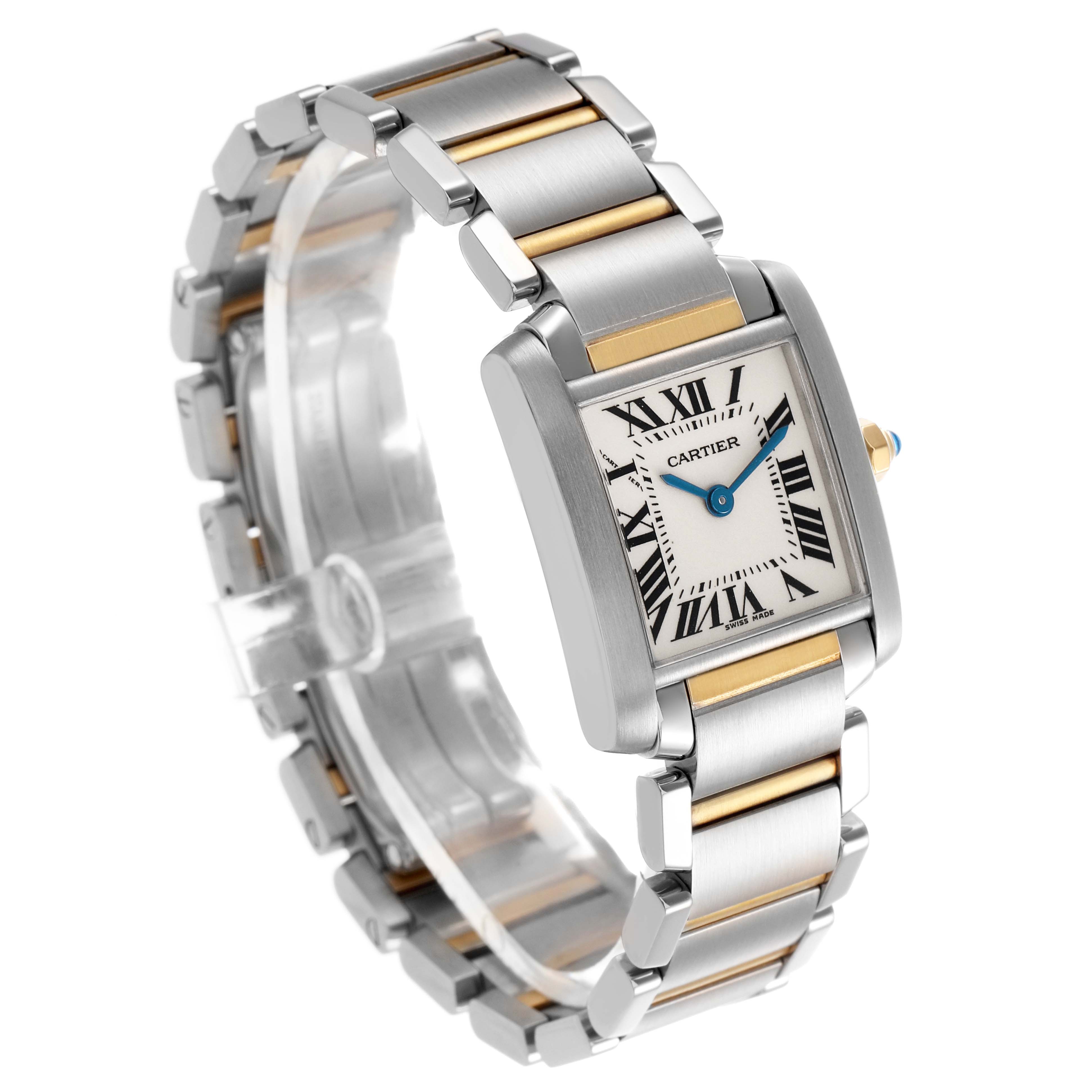 The Cartier Tank Francaise W51007Q4 Women's Steel and Gold (two tone) Silver Dial watch is shown at a three-quarter angle, displaying its face, bracelet, and side detail.