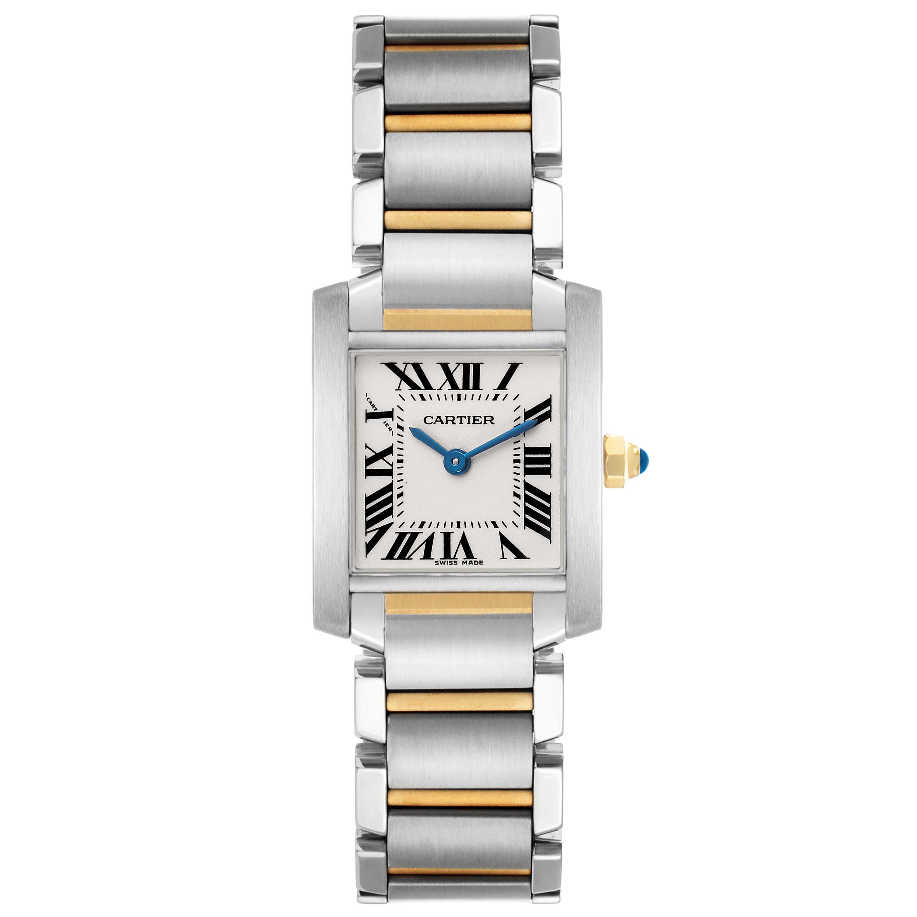 The Cartier Tank Française watch is shown from a top-down angle, highlighting the dial, two-tone bracelet, and crown.