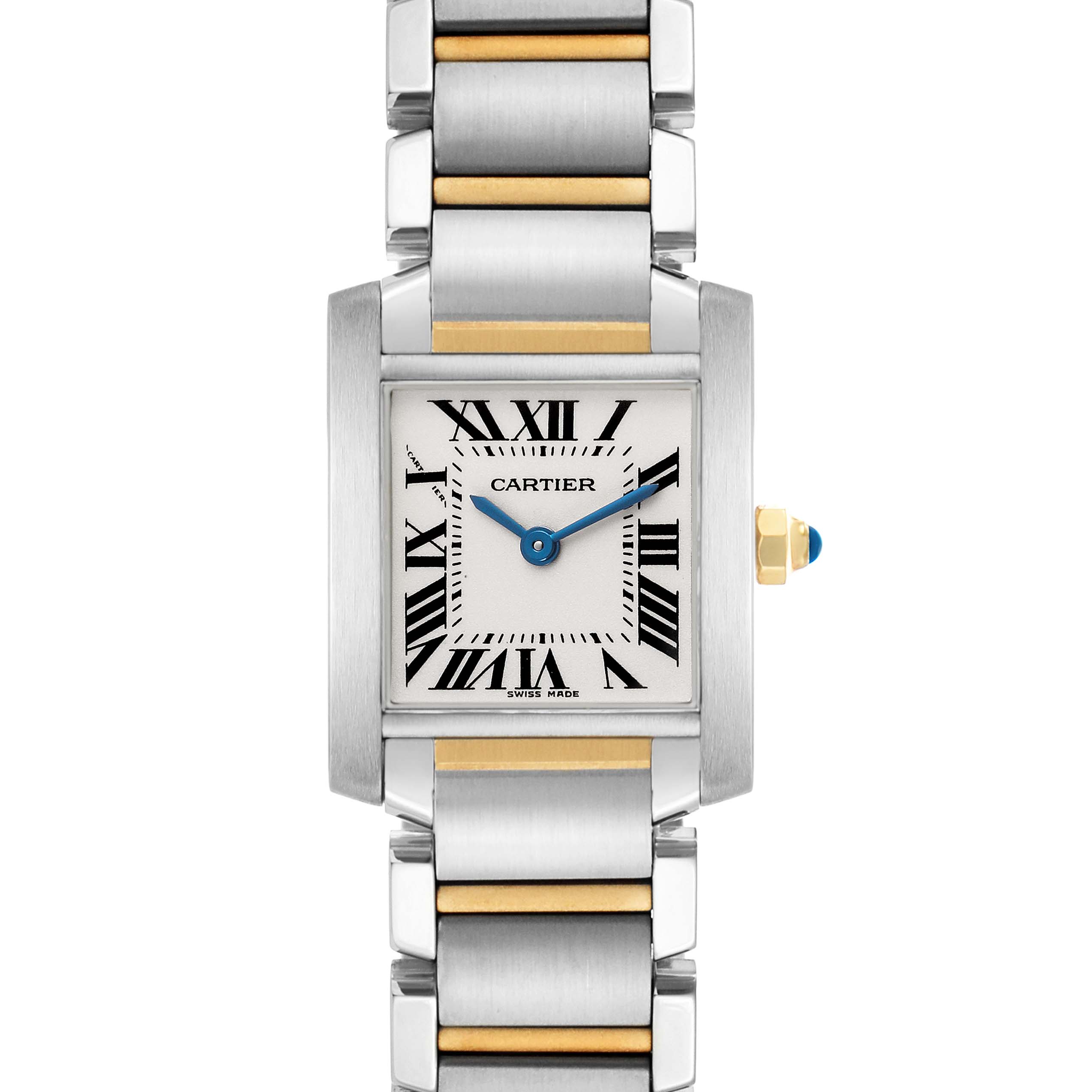 The Cartier Tank Francaise W51007Q4 Women's Steel and Gold (two tone) Silver Dial watch is shown from a front angle, displaying the face, bracelet, and crown.